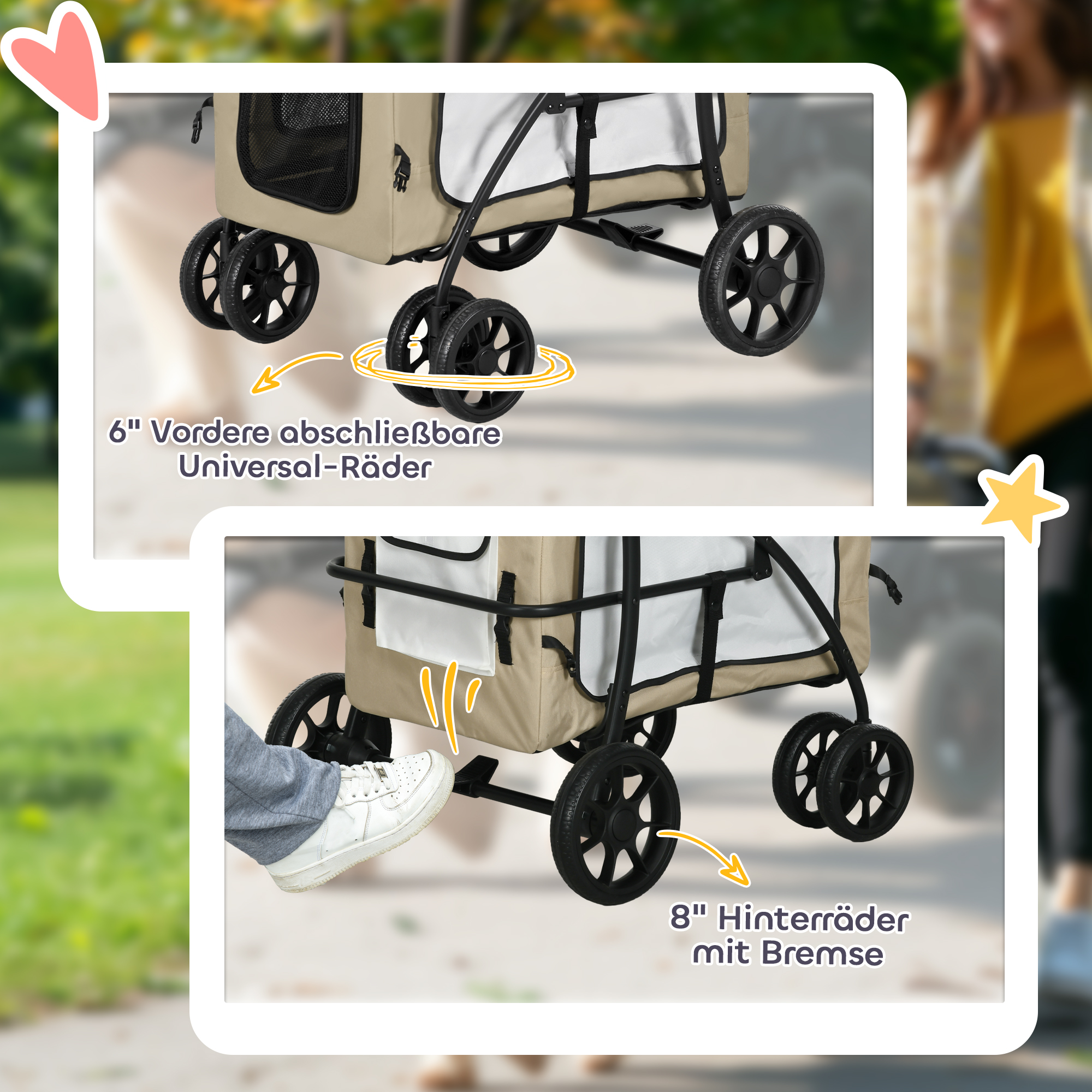 Hundbuggy Haustierbuggy Hundewagen, klappbar, abnehmbarer Korb, 81 x 58 x 97,5 cm, Schwarz+Khaki+Weiß