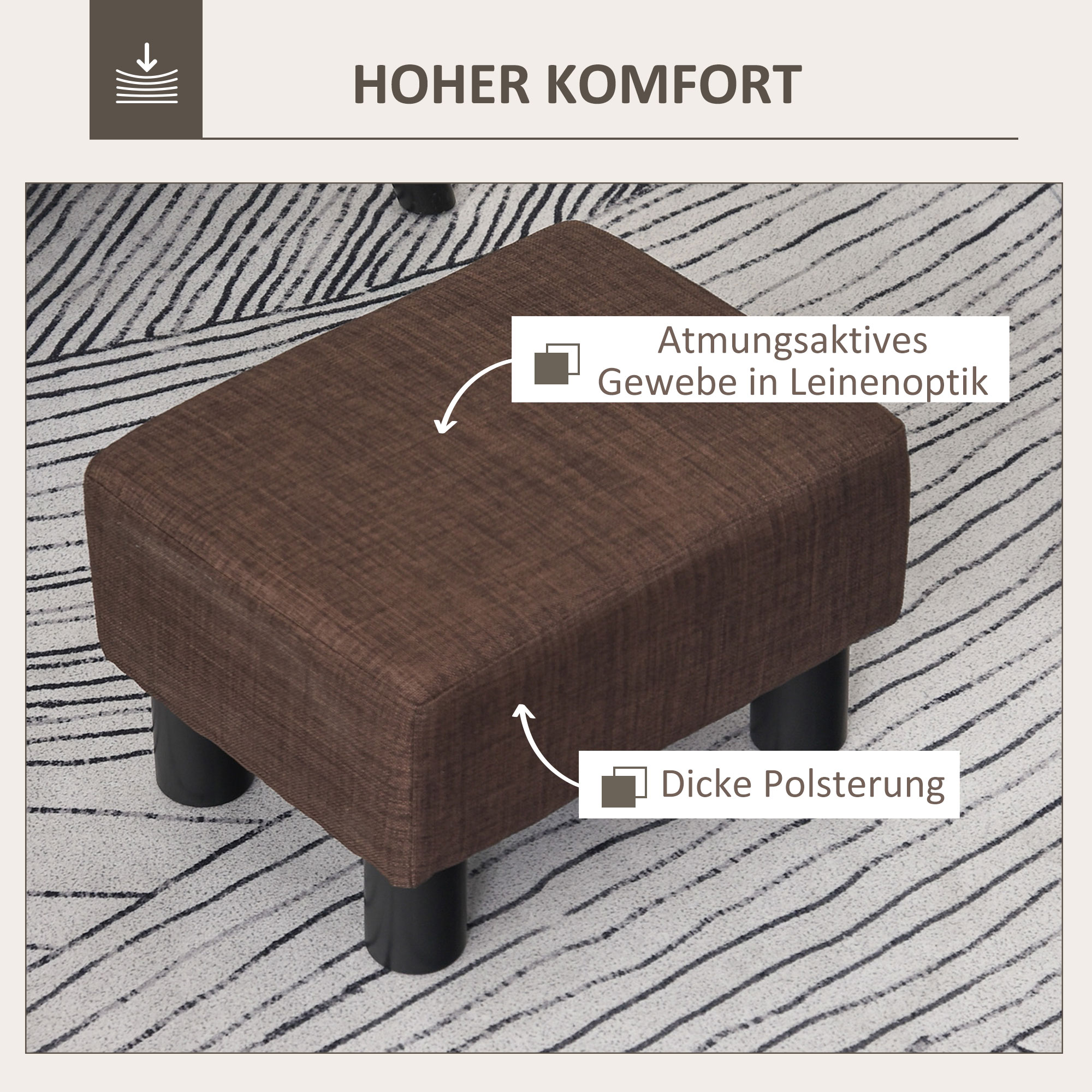 Hocker mit Stoffbezug in Leinenoptik, bis 110 kg, braun, 40 x 30 x 24cm