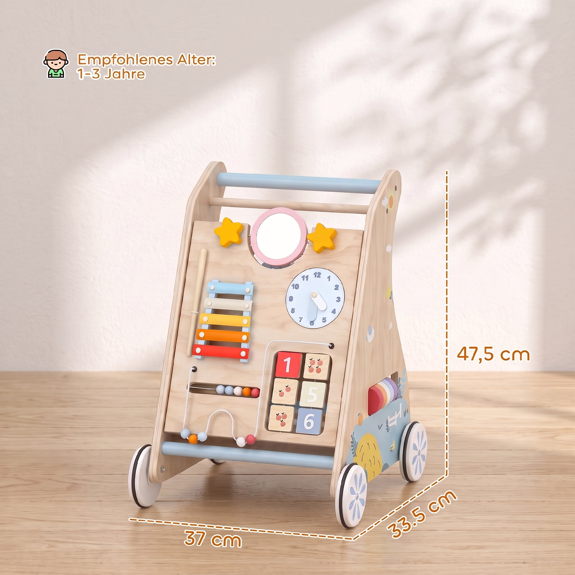 3-in-1 Baby Lauflernwagen Lauflernhilfe mit abnehmbar doppelseitig Aktivitätstafel Tasche Rädern für 1-3 Jahre