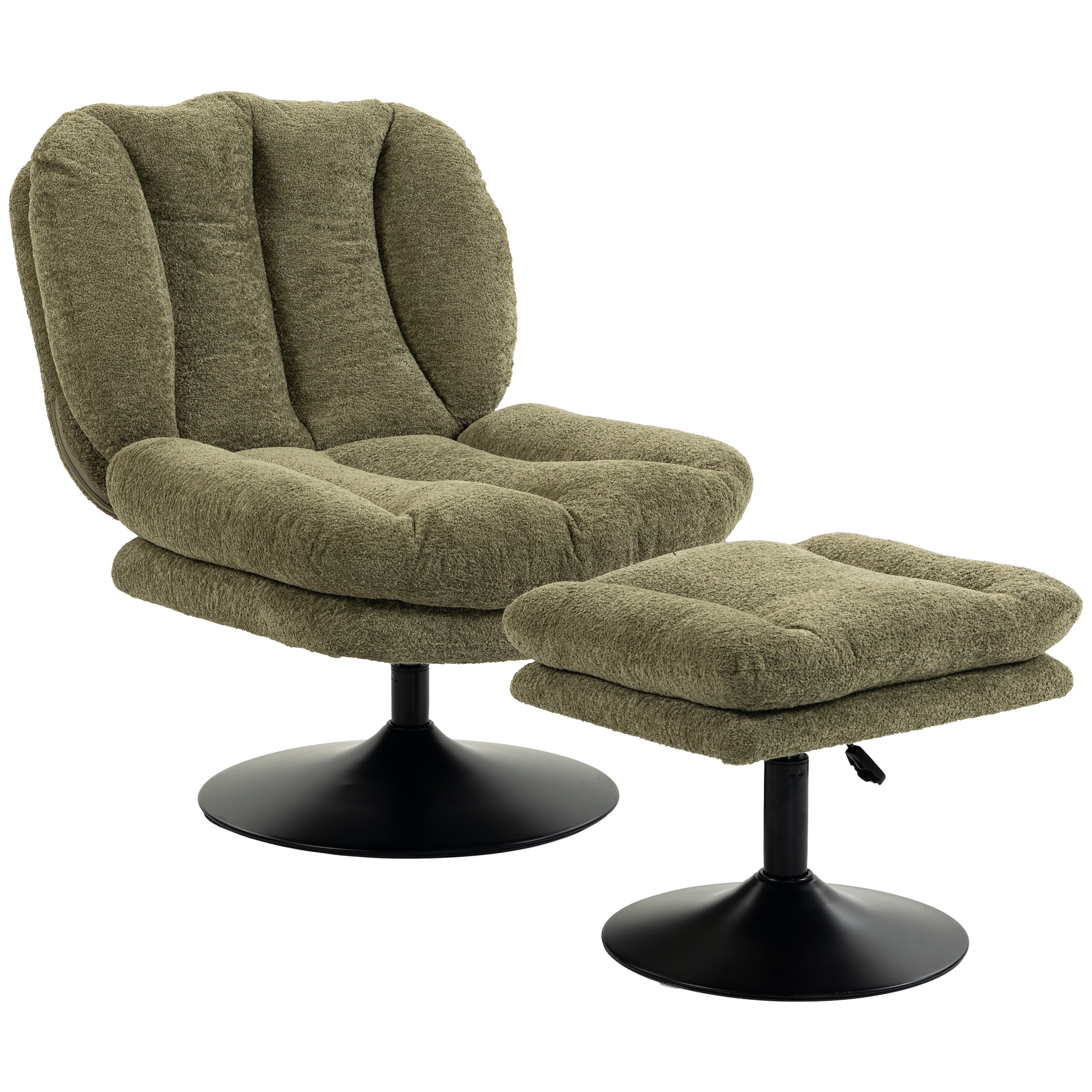 Loungesessel mit Hocker, 360° drehbar, aus Raindrop-Samt, höhenverstellbarer Fußhocker, Grün