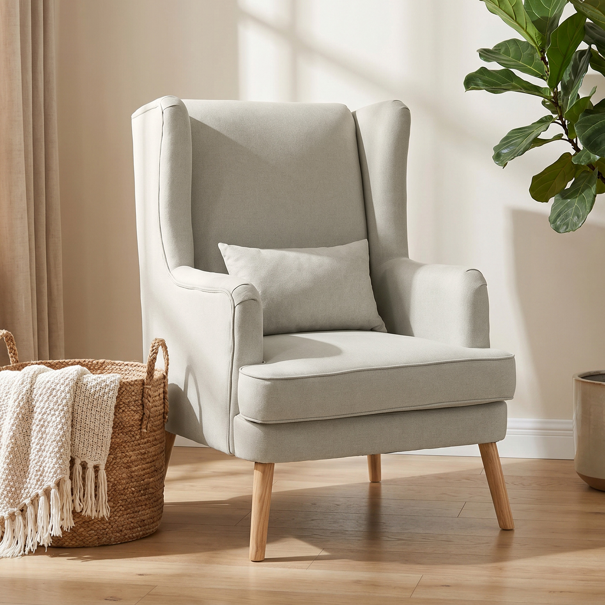 Akzentstuhl, Sessel mit Leinen-Optik, hoher Rückenlehne, breitem Sitz, Lendenkissen, Beige