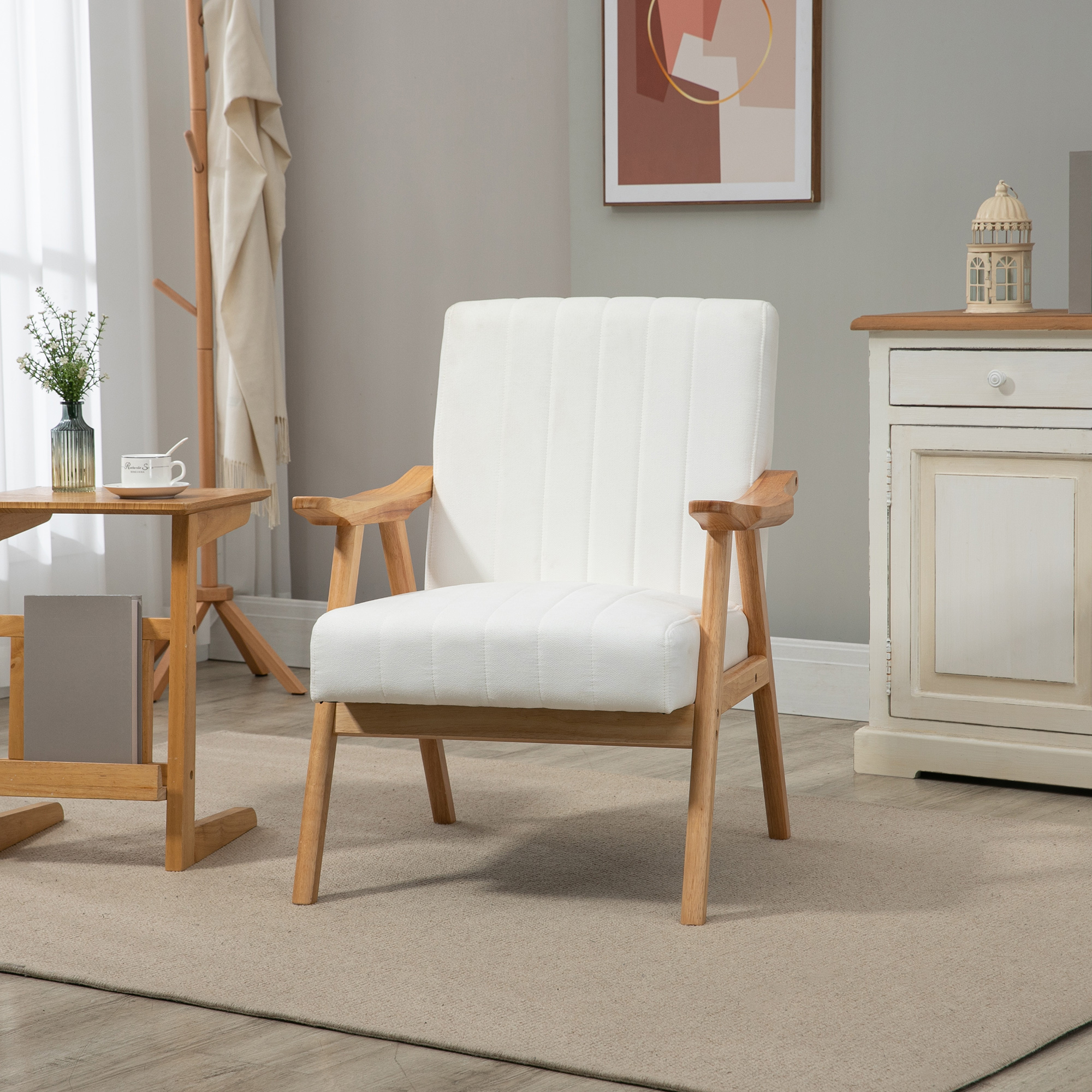 Polstersessel im Skandi-Design, Samtoptik, Massivholzrahmen, 68 x 74 x 82cm, Natur+Creme