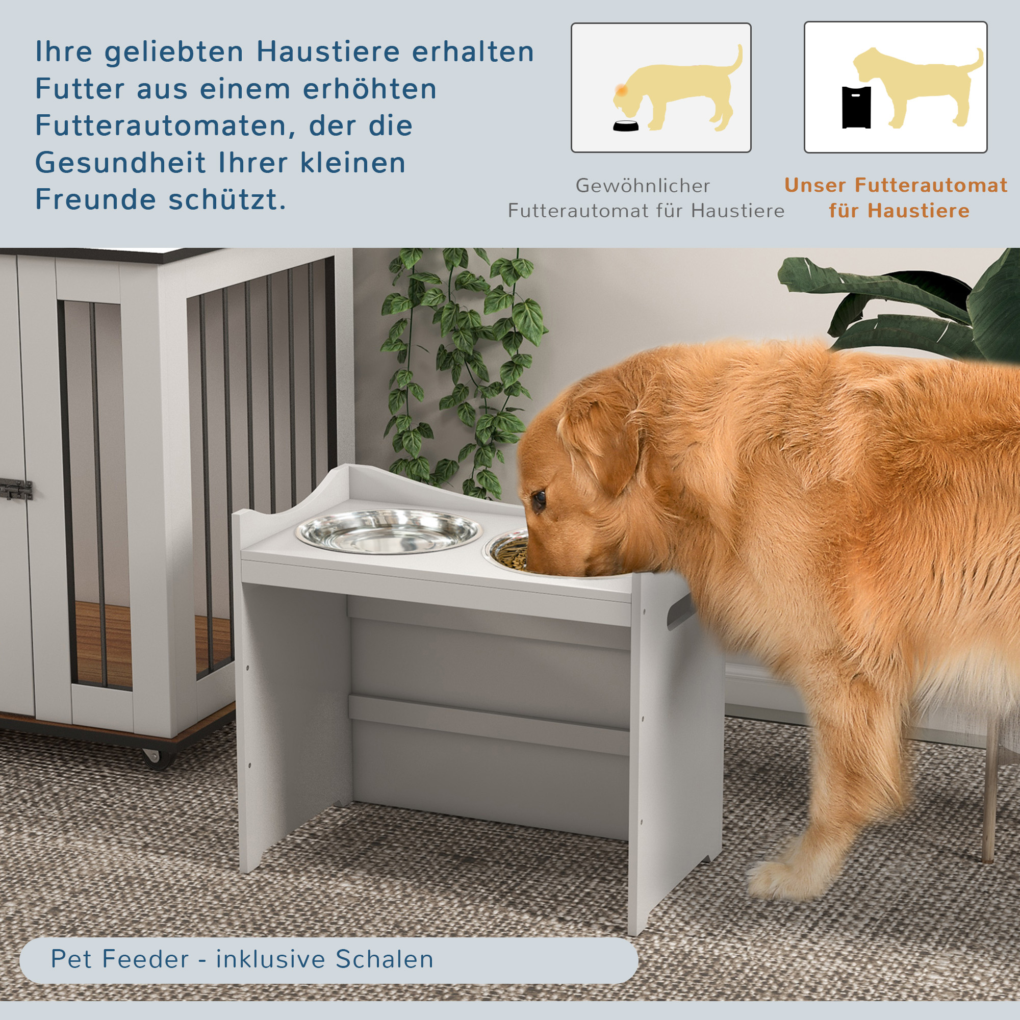 Futterstation für Hunde, 2 Edelstahlnäpfe, höhenverstellbar, 54x31,5x47cm, Weiß