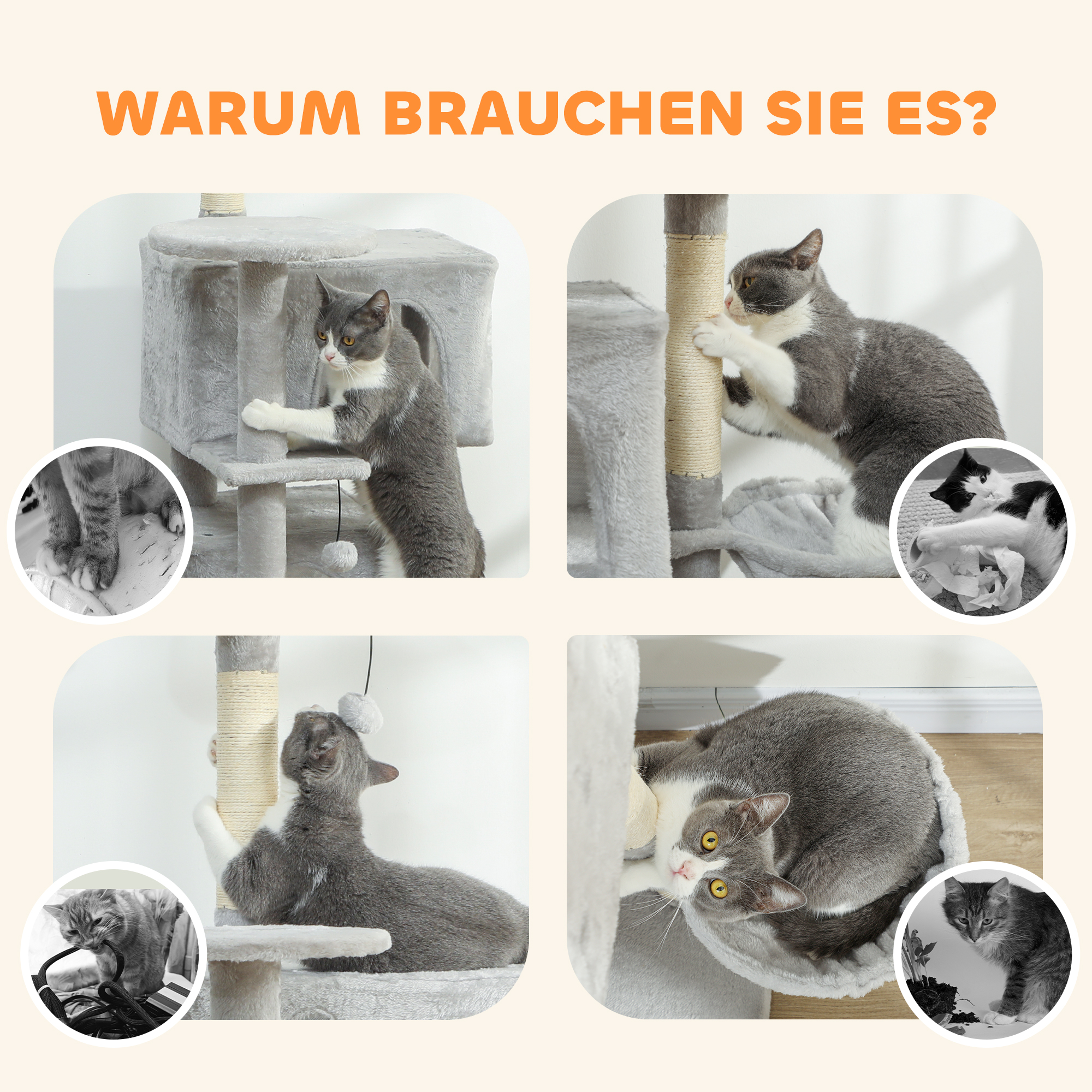 140 cm Katzenkratzbaum, mehrere Ebenen, Sisal-Kratzpfosten, Höhlen, Plüsch-Plattformen, Hängematte, Leiter, Spielbälle