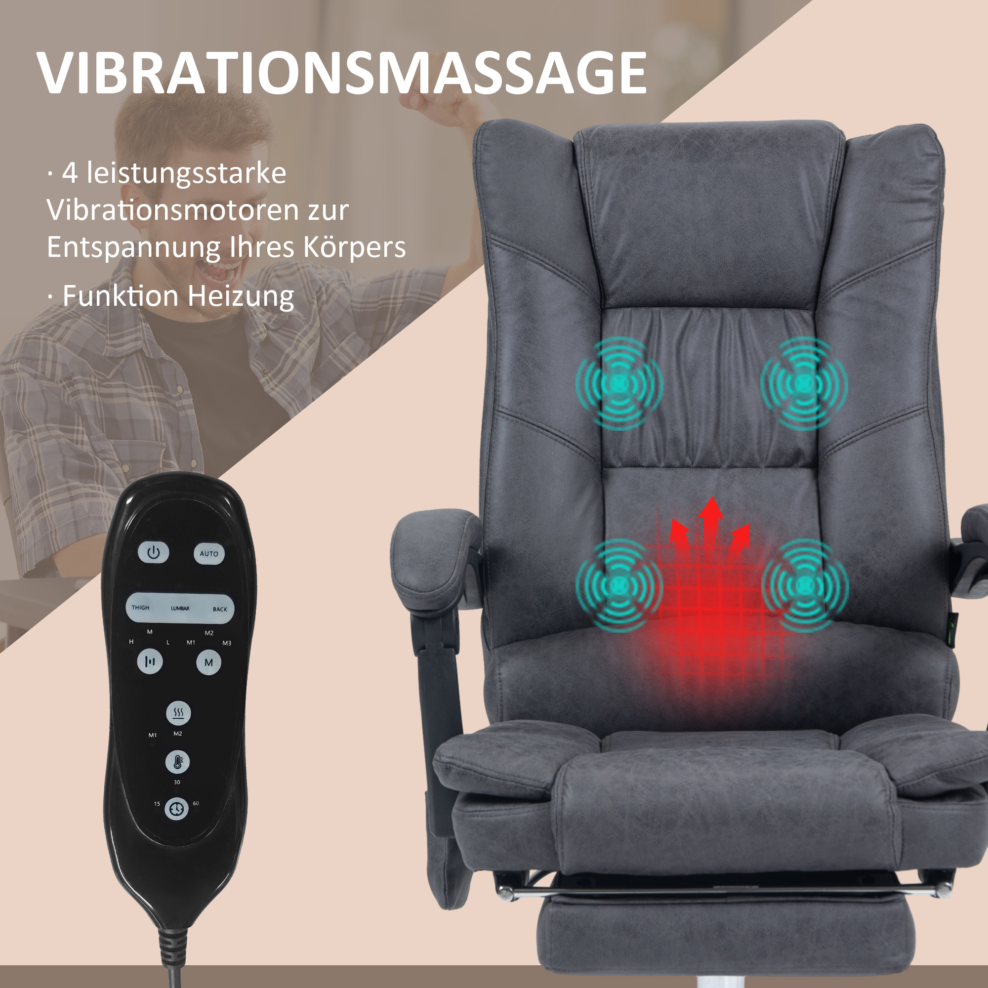 Massagstuhl Bürostuhl mit Massagefunktion, inkl. Fußstütze, höhenverstellbar, 64 cm x 70 cm x 118 cm, Schwarz