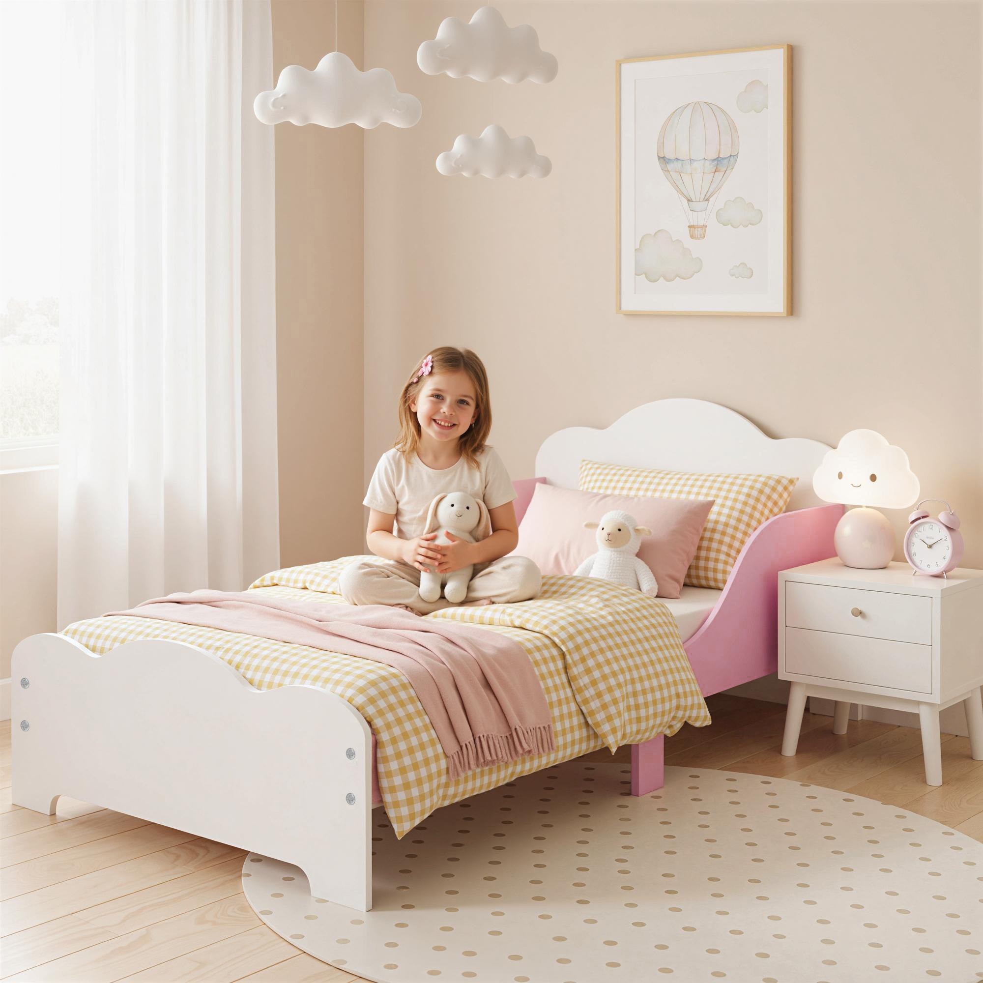 Kinderbett, 140 x 70 cm Bettgestell mit hohen Schutzgitter für Kinder von 3-6 Jahren, ohne Matratze, Rosa