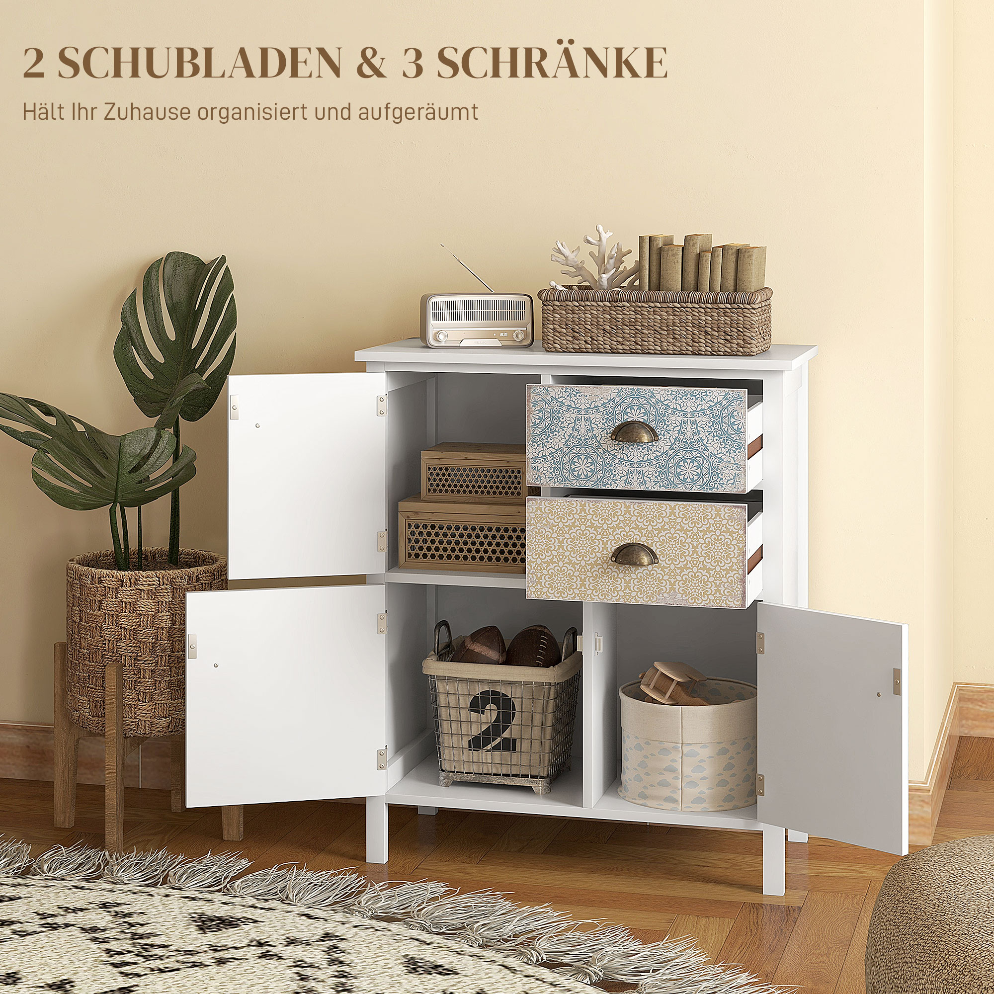 Sideboard, Shabby Chic Kommode, 2 Schubladen, 3 Schrankfächer, Kiefernholz, 68x34x80cm, Weiß
