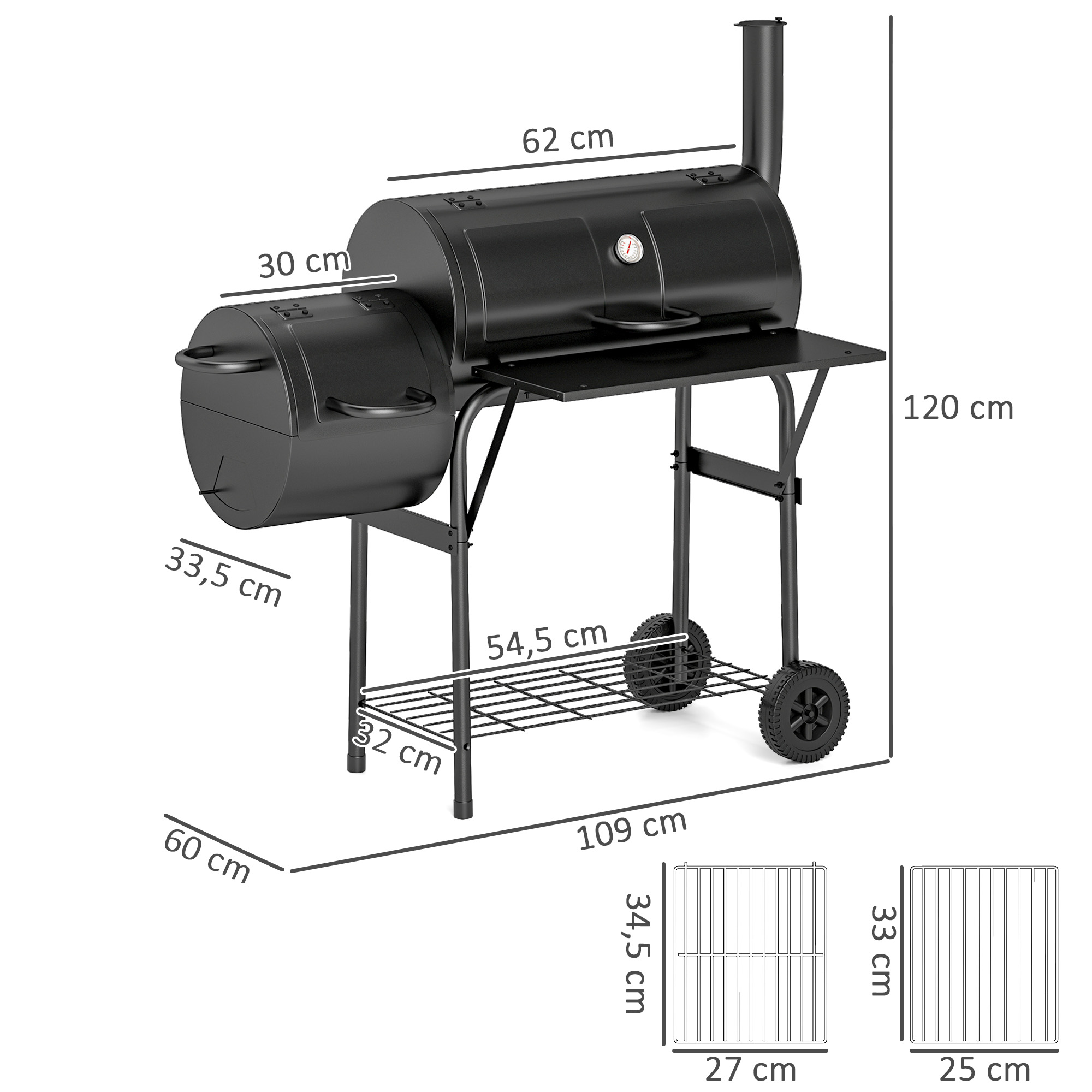Holzkohlegrill aus Stahl BBQ Smoker mit Deckel Thermometer Räder Luftzufuhr Kohlewanne