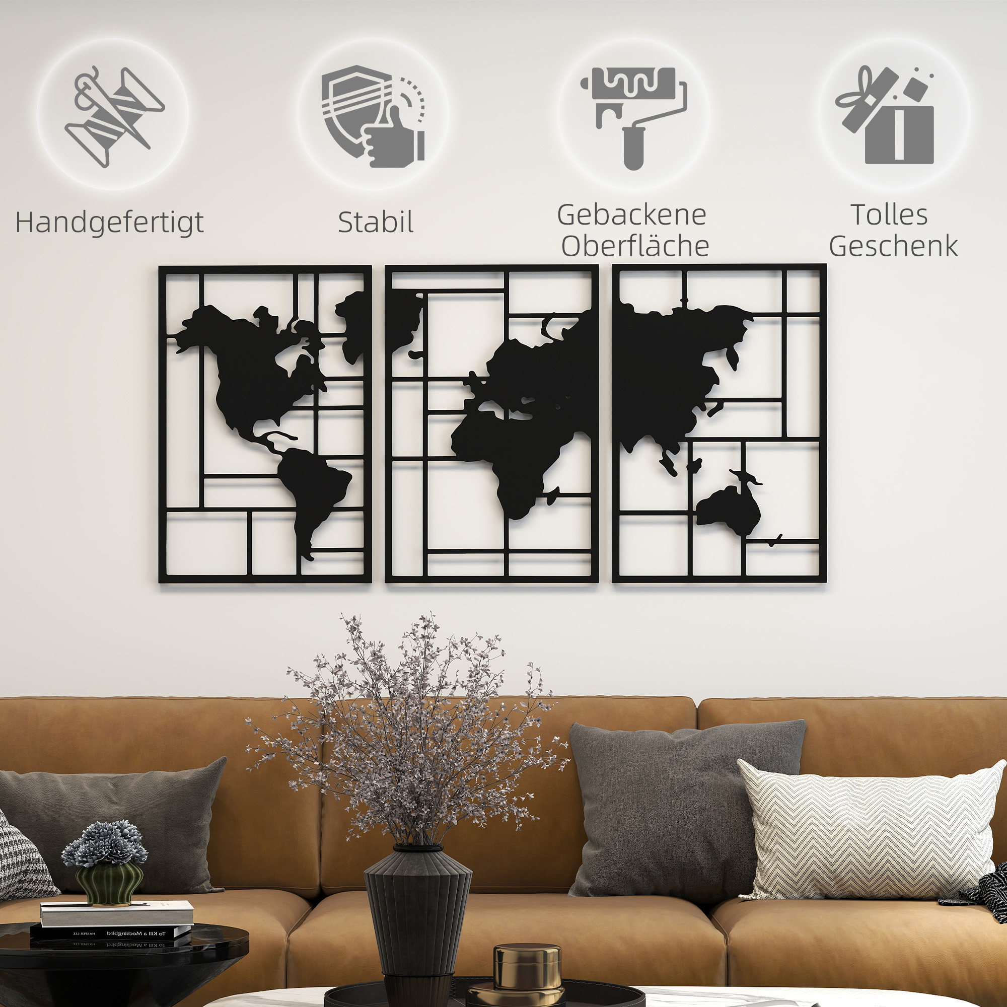 Wanddeko Metall 3 Stück Wanddekoration Weltkarte Wandkunst für Wohnzimmer Schlafzimmer Flur, 50 x 80 cm, Schwarz