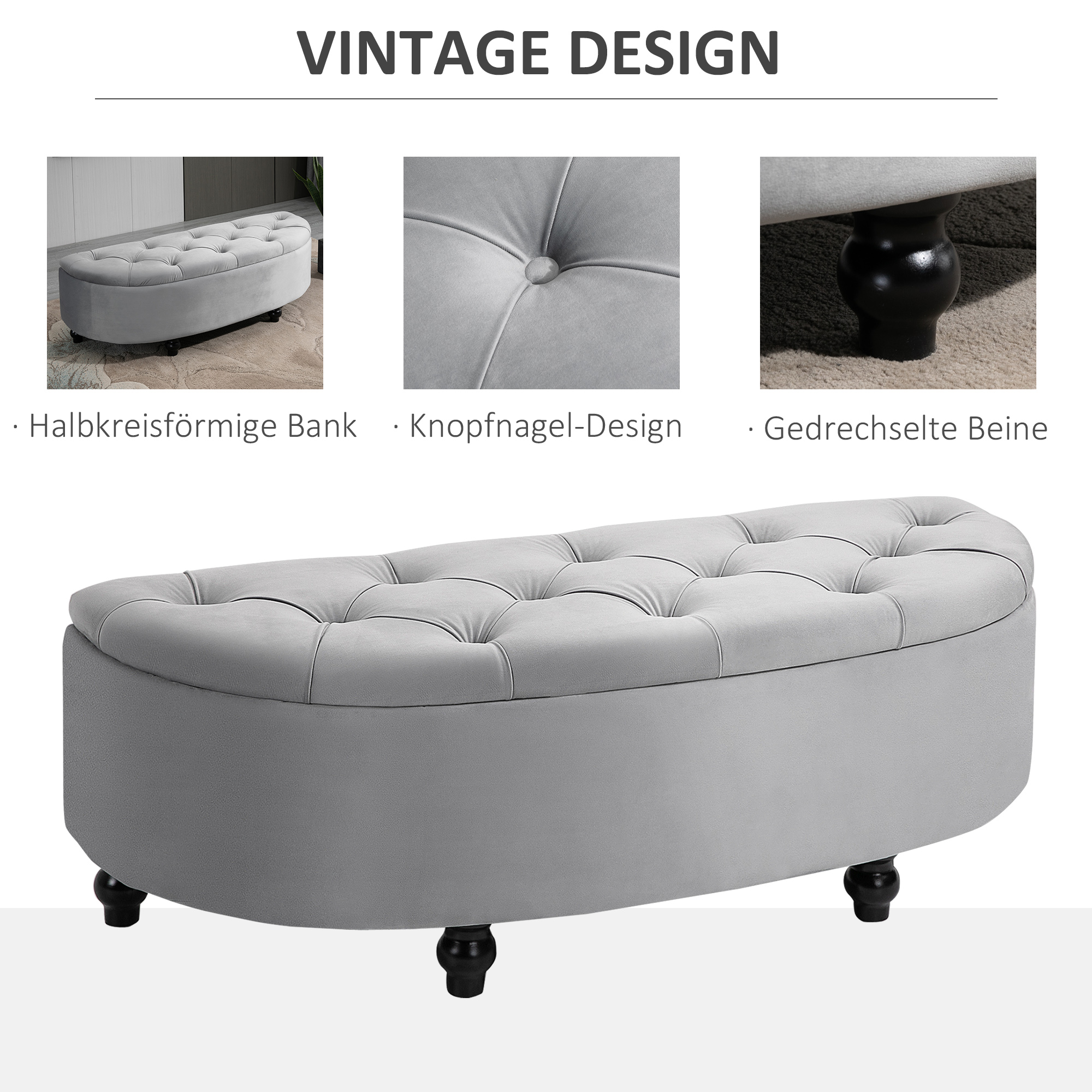 Sitzbank mit Stauraum Polsterbank mit Samtoptik, geöffnetem Deckel Sitztruhe mit Holzbeine, Truhenbank für Wohnzimmer Flur Schlafzimmer 120 x 46 x 42 cm, Grau