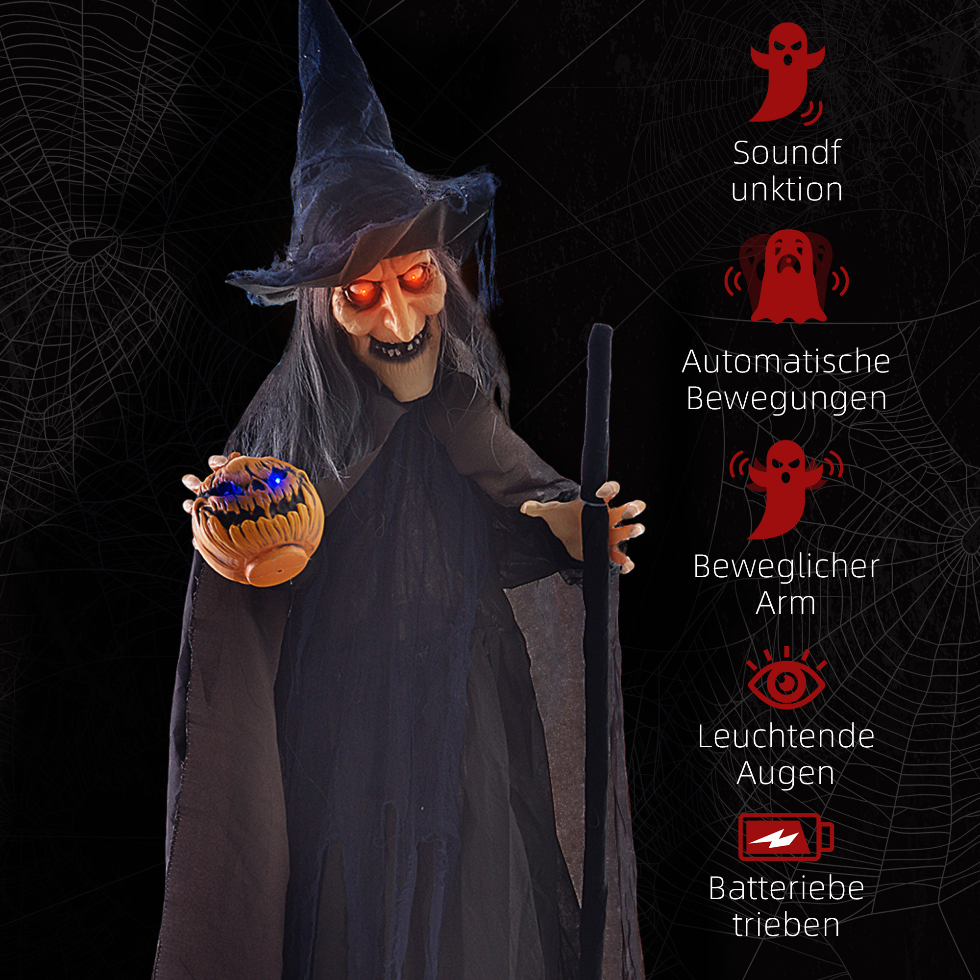 Halloweendekoration Hexe mit Besen, leuchtende Augen, gruselige Geräusche, biegsame Arme, 107x65x190 cm Halloweendekoration Hexe mit Besen, leuchtende Augen, gruselige Geräusche, biegsame Arme, 107x65x190 cm
