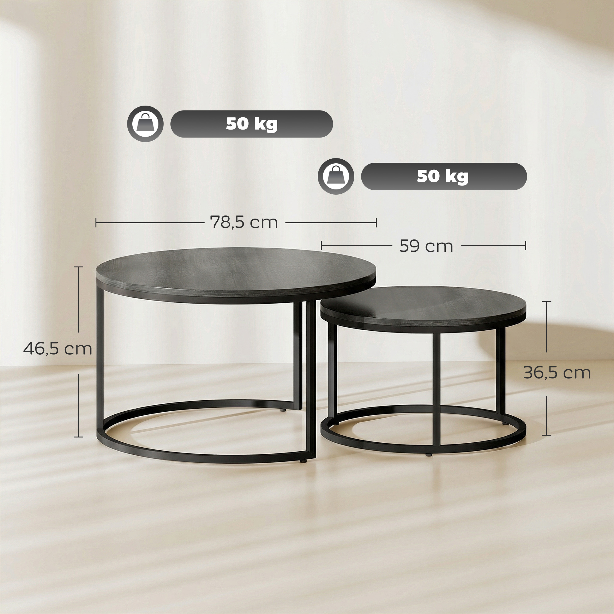 modernes Kaffeetisch 2er-Set, Stapelbare Beistelltische mit Metallgestell für Wohnzimmer, Schlafzimmer, Büro, Schwarz