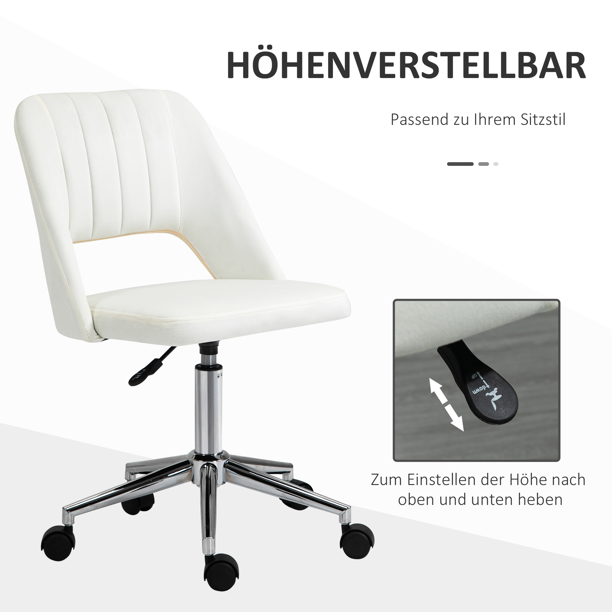 höhenverstellbarer Schreibtischstuhl mit Rollen, 360° drehbar, Jakobsmuschel-Form, Schaumstoff, 49 x 60 x 79-91 cm, Cremeweiß