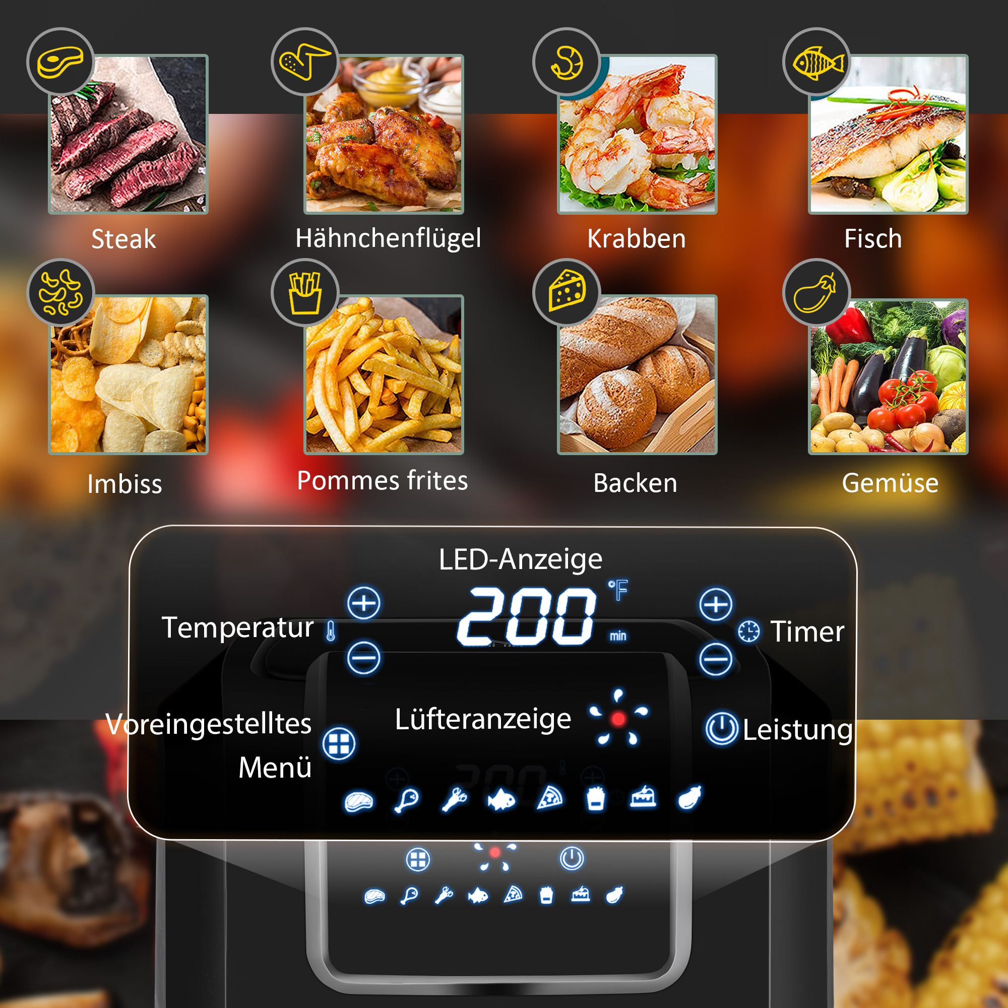 Heißluftfritteuse 6,5 L 1700W mit 8 Menüs LED-Display Antihaftbeschichteter Korb für gesundes ölfreies fettarmes Kochen Schwarz 36,5 x 29 x 33,8 cm