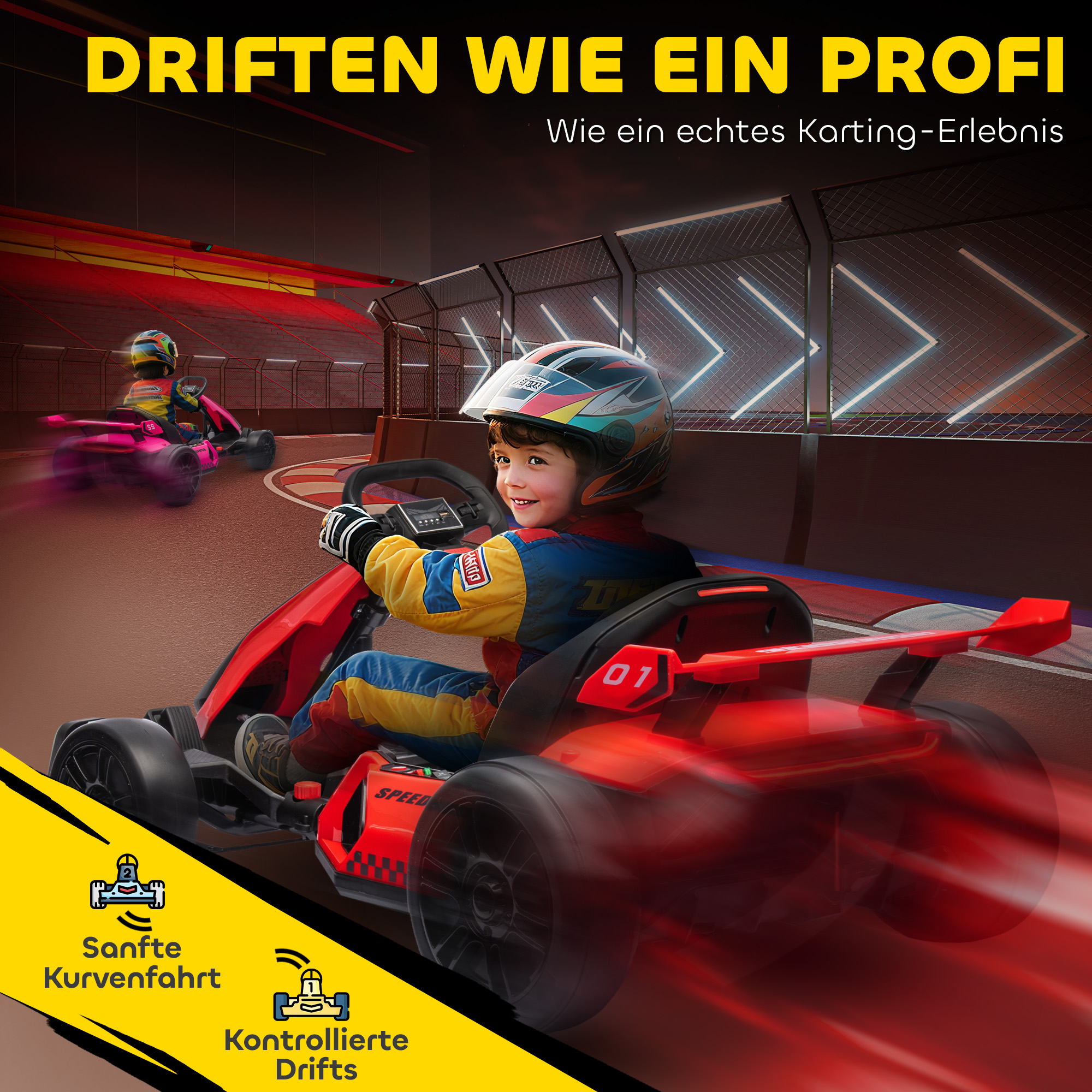 Go-Kart für Kinder, Elektro-Kart mit Hupe und Musikfunktion, verstellbarer Sitz, bis 12 km/h, Kunststoff, Metall, Rot