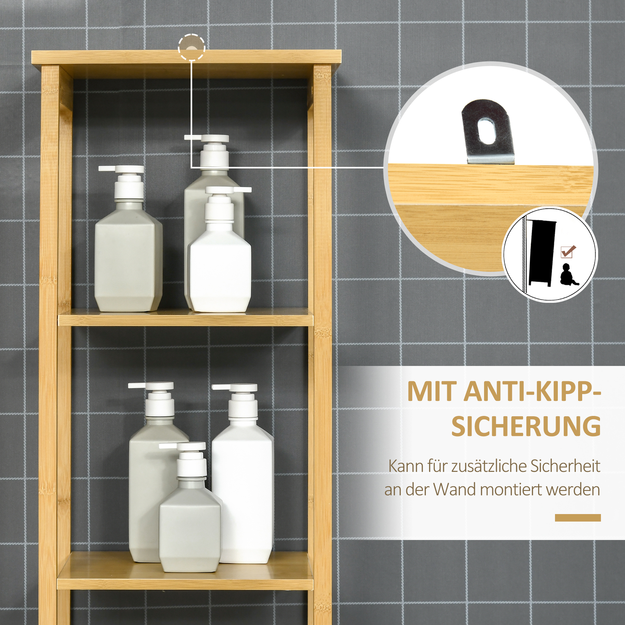 Badschrank, Hochschrank, drei Regalböden, ein Schrankfach mit Lamellentür, Kippschutz, Bambus, 34 x 30 x 173cm