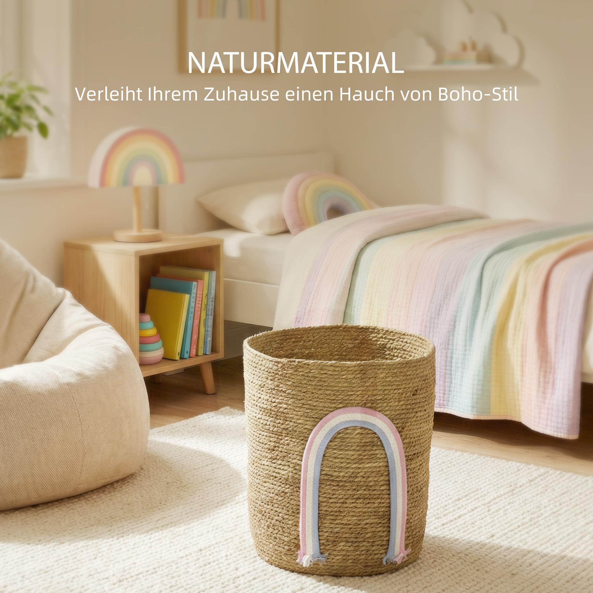 24,7L Aufbewahrungskorb mit Regenbogen-Dekoration, großer geflochtener Korb für Badezimmer, Schlafzimmer, Natur