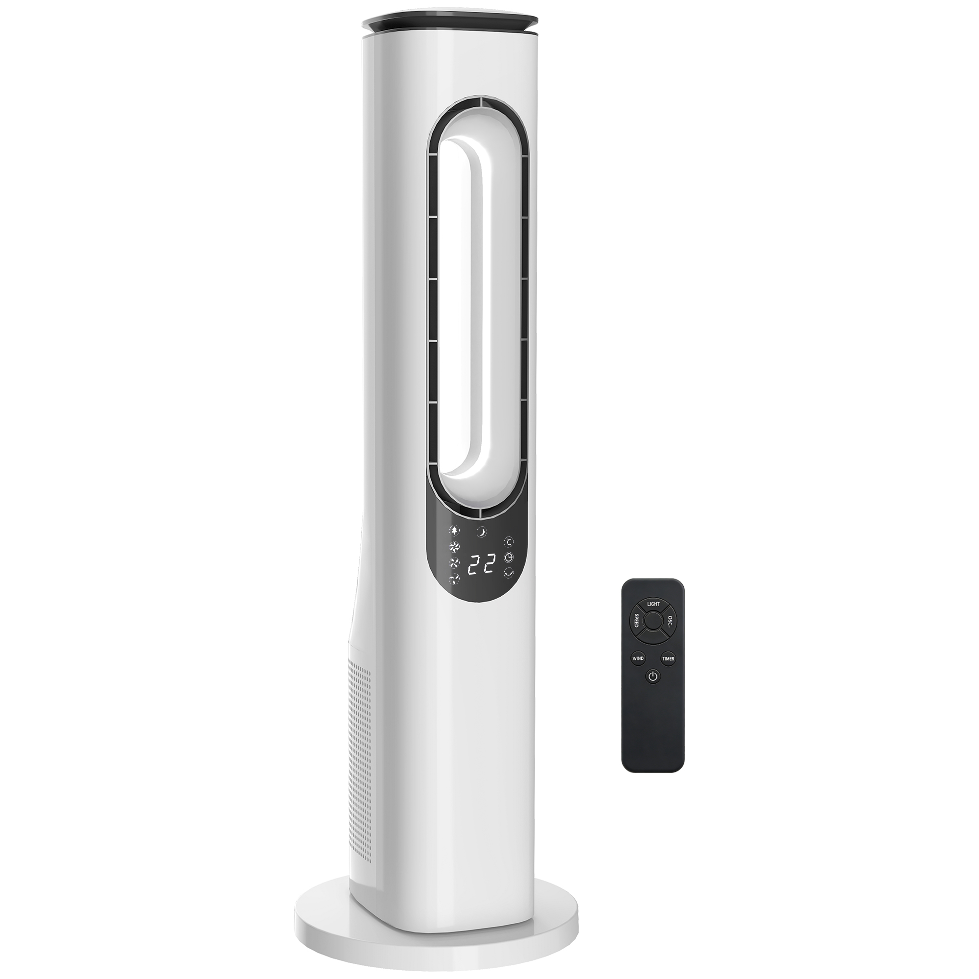 rotorloser Turmventilator für Schlafzimmer, 35 dB leiser Standventilator mit 50° Oszillation, LED-Leuchten, 3 Geschwindigkeiten, 15-Stunden-Timer, Weiß