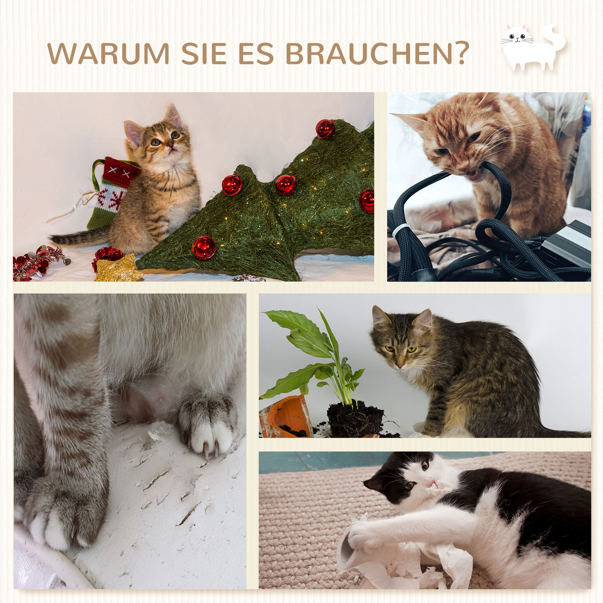 Katzentreppe, 4-teiliges Set, 3-stufige Sprossenleiter, 2 Plattformen, Hängematte, Plüschbezug, beige