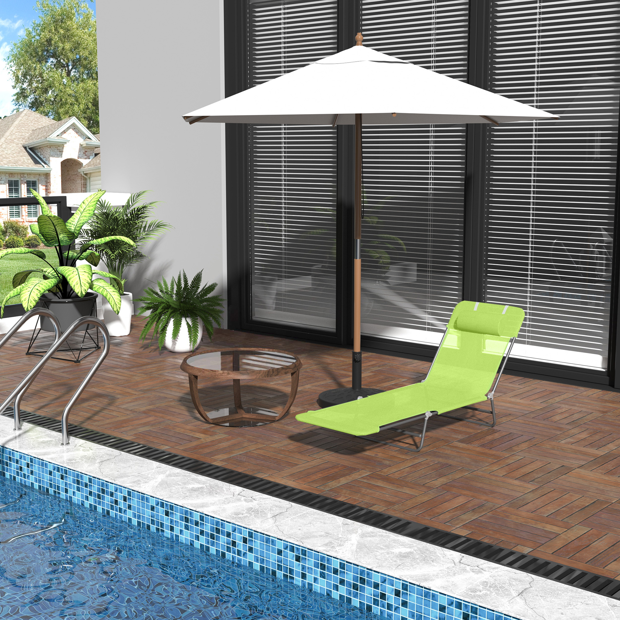 Sonnenliege klappbar Gartenliege mit Kopfkissen Liegestuhl verstellbar mit 5-Fach Campingliege bis 120kg belastbar für Garten, Balkon und Pool geeignet, 4 Farben(Grün)
