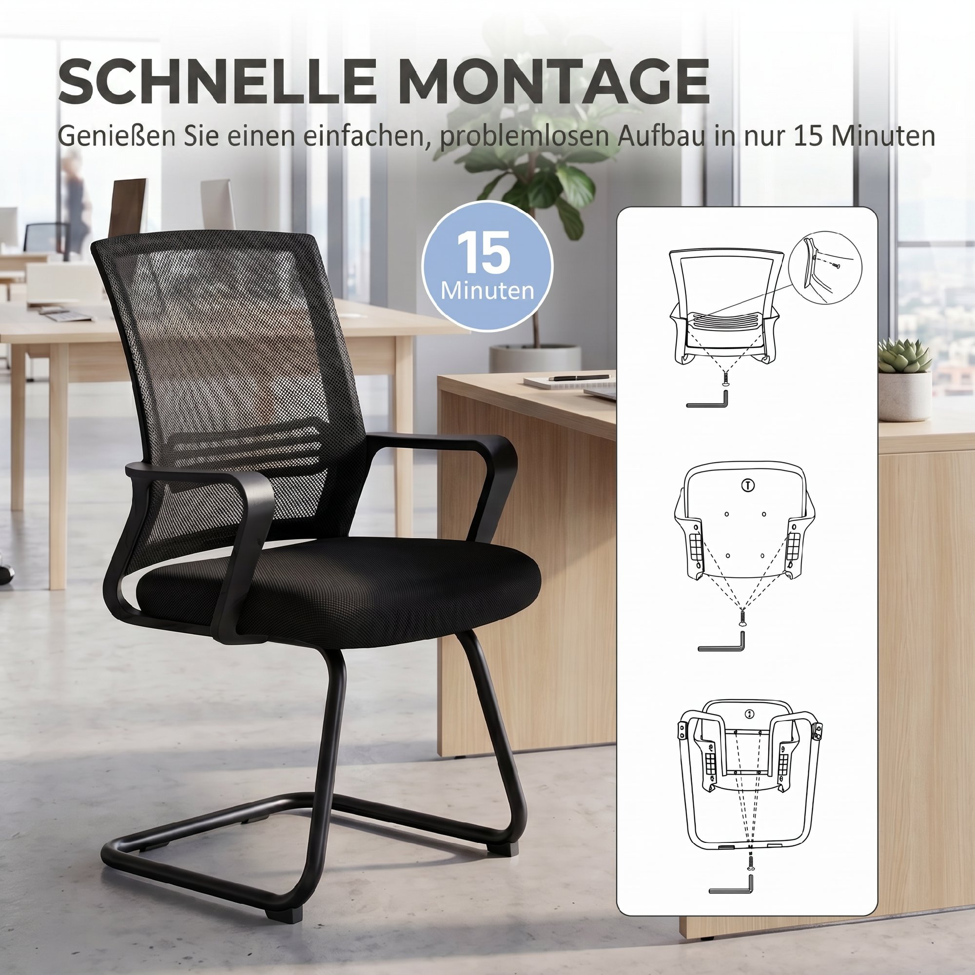 2er-Set ergonomische Schreibtischstühle ohne Rollen, gepolsterte Konferenzstühle mit Kufengestell für Wartezimmer und Empfang, Schwarz