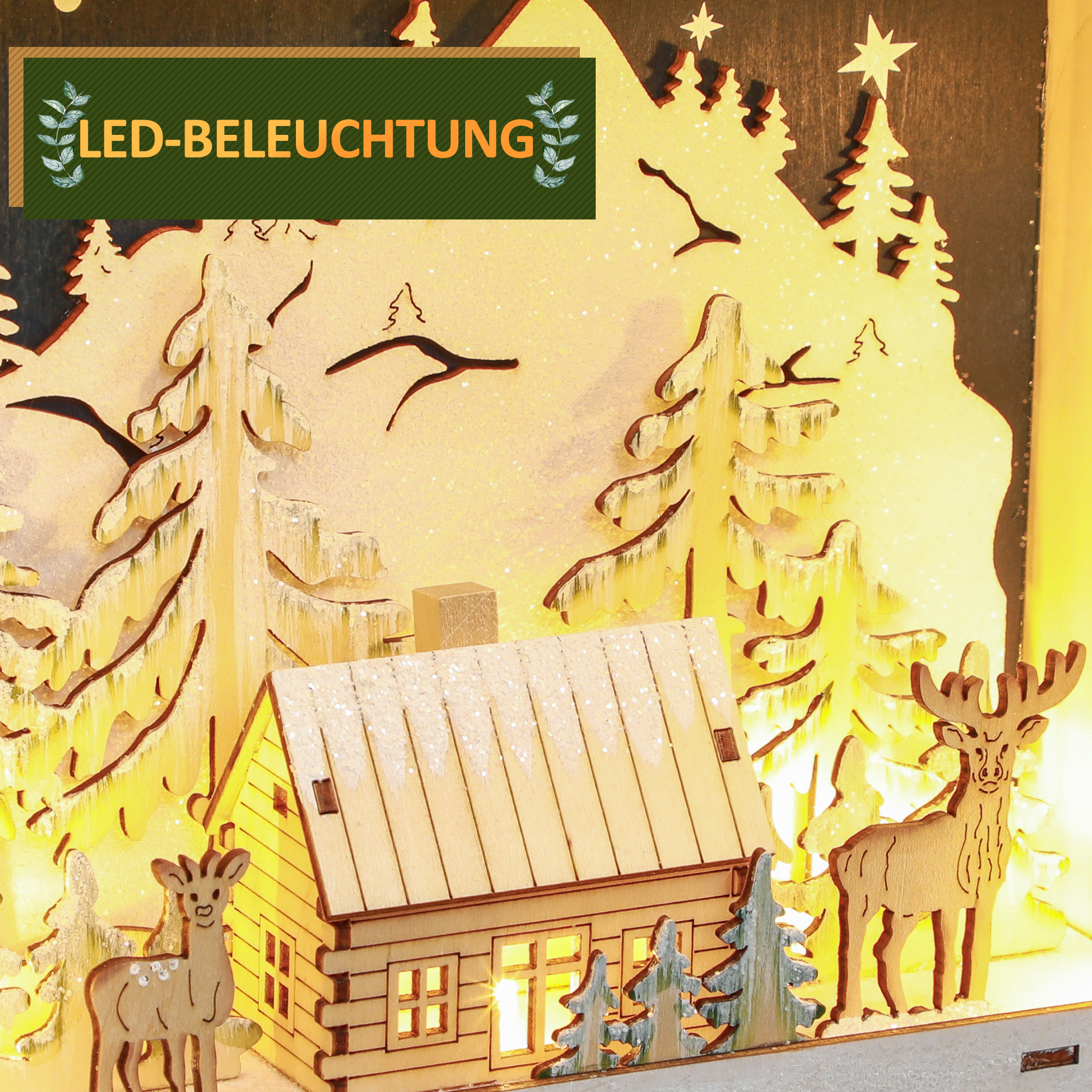 LED Adventskalender mit Dorfszene, 24 große Schubladen, MDF, 34 x 7 x 34 cm, Rot