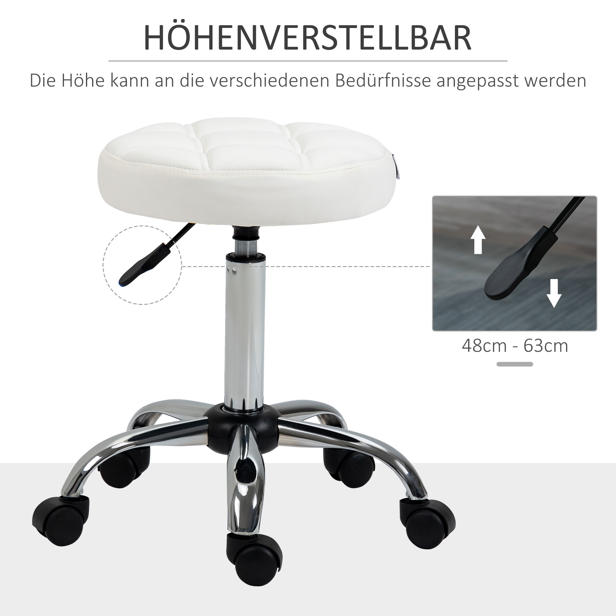 Drehhocker, Salonhocker, höhenverstellbar, Kunstleder, Steppdesign, Ø35,5 x 48-63 cm, Weiß/Silber