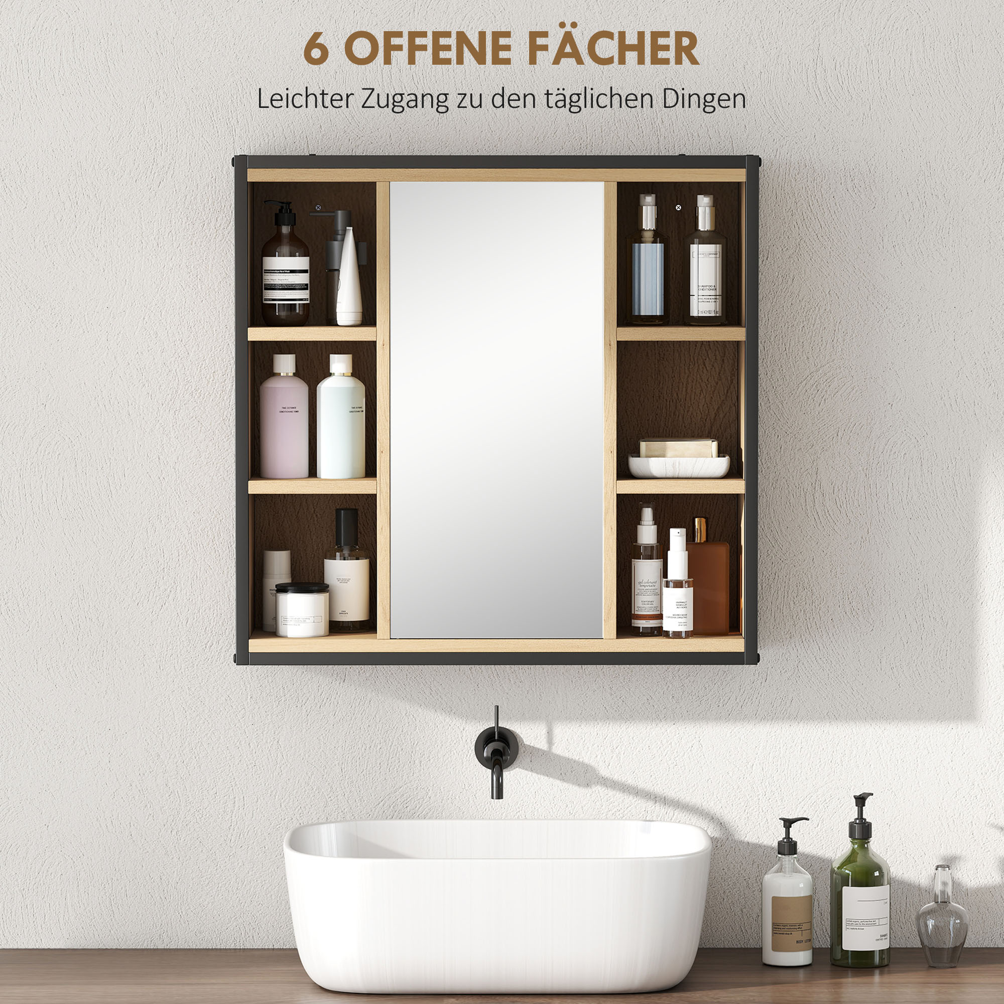 Badezimmer-Spiegelschrank, 6 offene Fächer, 3-stufiges Regal, Wandmontage, Eiche