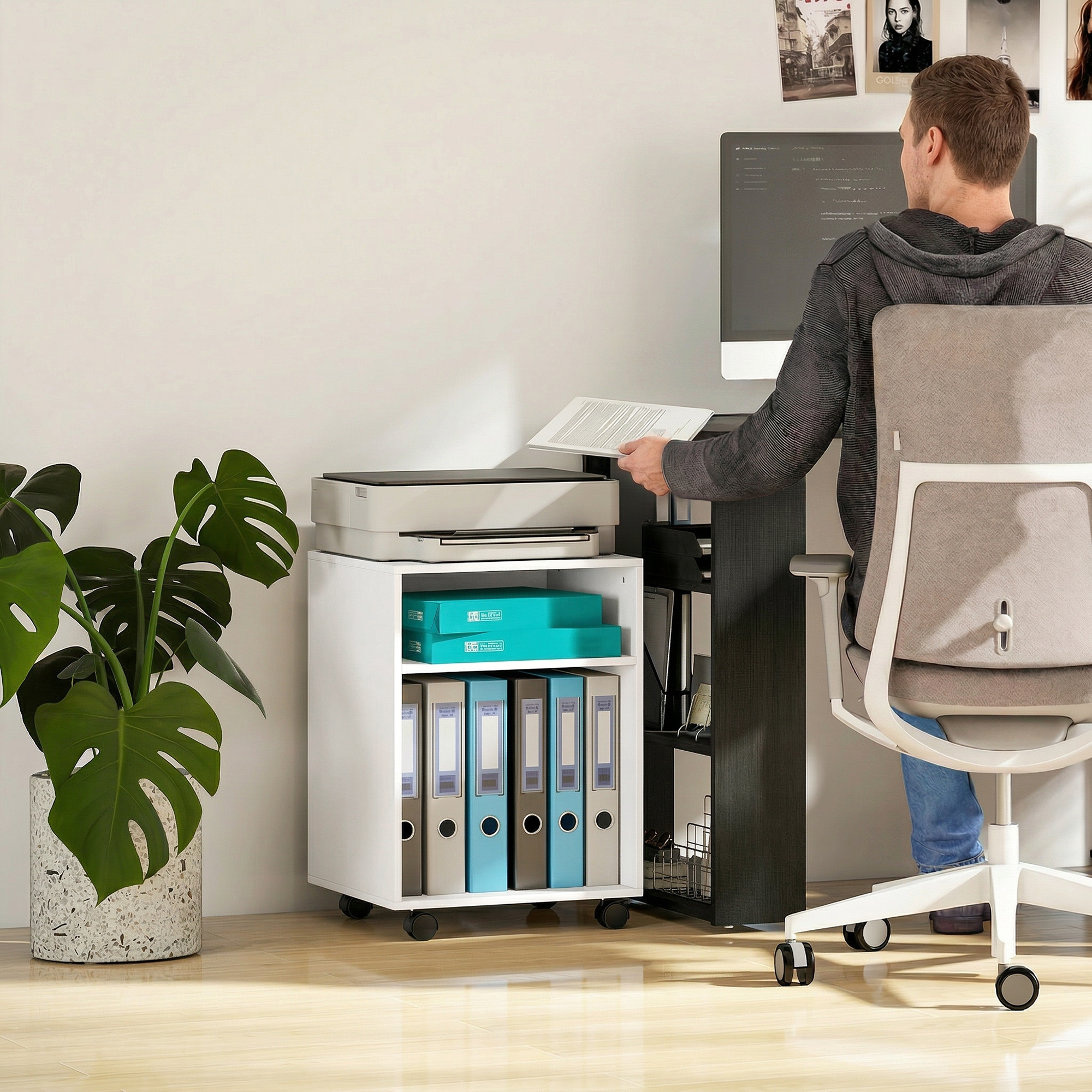 Druckerständer Druckertisch mit 2 offenem Regal feststellbaren Rollen für Büro Zuhause Fax Scanner 40 x 35 x 56 cm Weiß