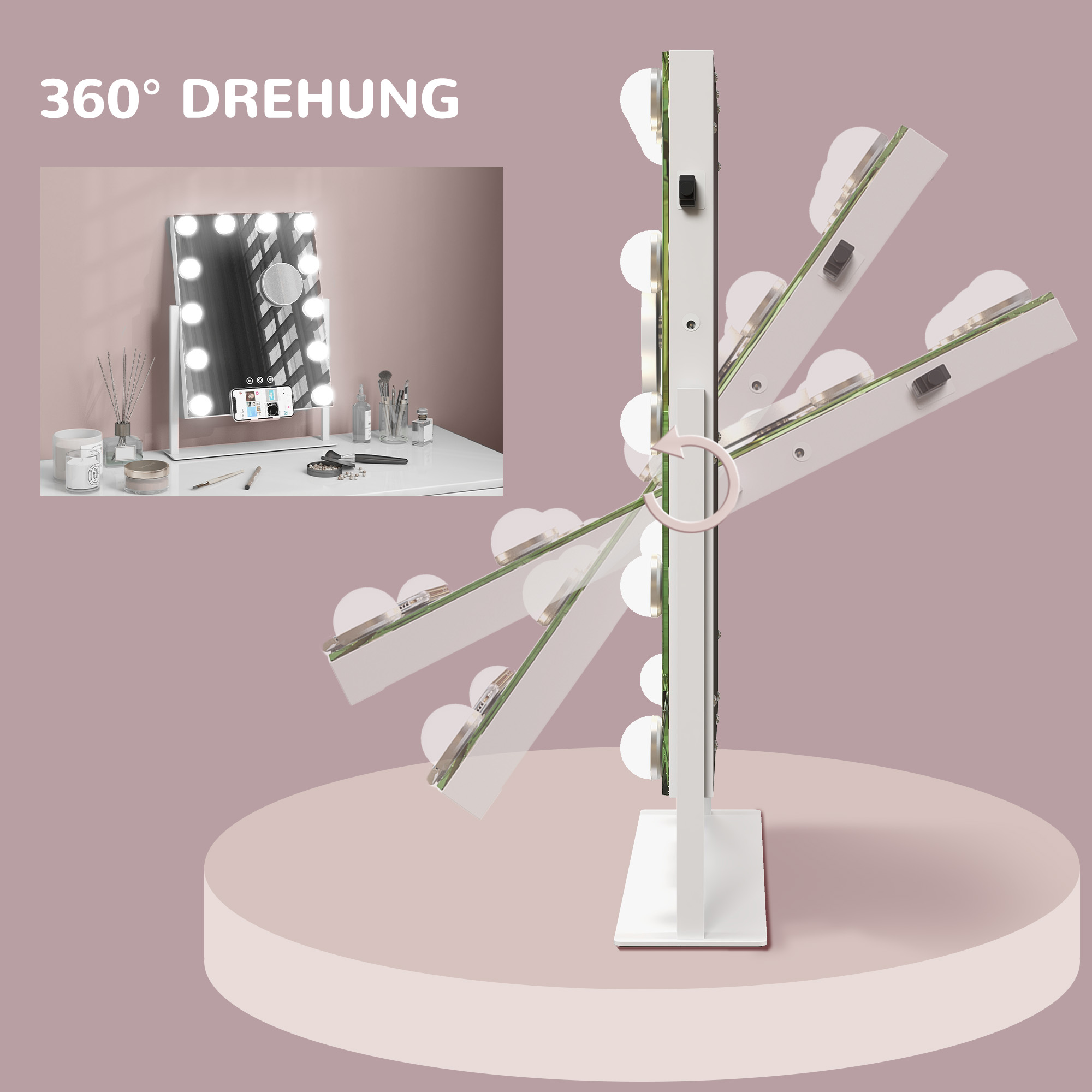 LED Kosmetikspiegel, 3 Lichtmodi, dimmbar, Touchsteuerung, USB, 37x46 cm, Weiß