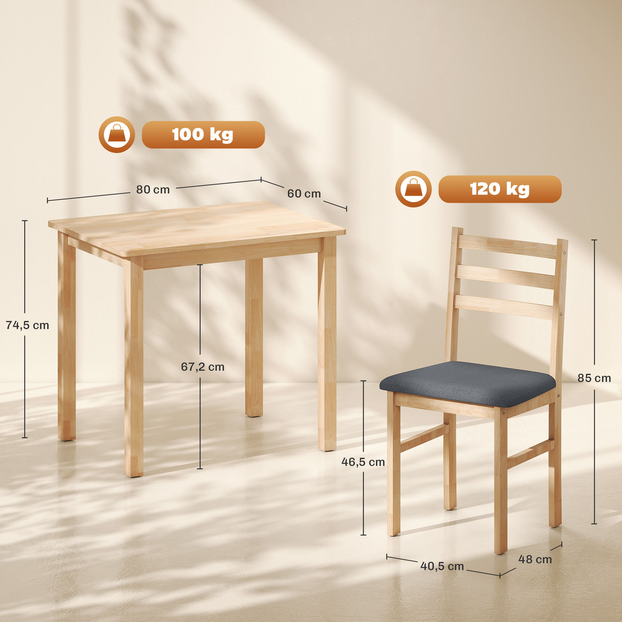 3-teiliges Esstisch-Set mit 2 Stühlen, Küchentisch für kompakte Räume, gepolsterte Stühle, platzsparend, MDF, Naturholz