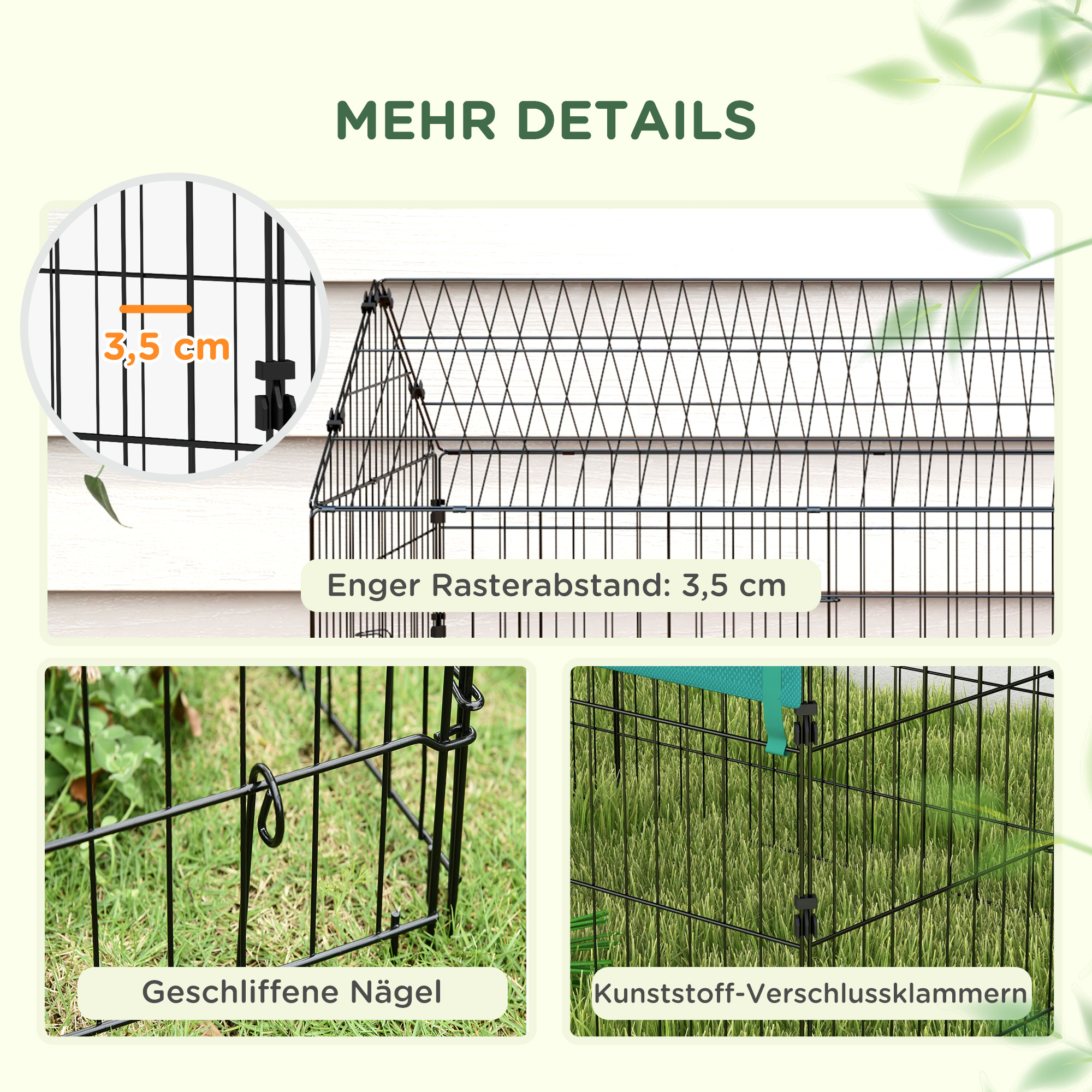 Kleintiergehege mit Dach, 4 Türen, wetterfest, Stahl/Polyester, 220x85x103cm, Grün/Schwarz