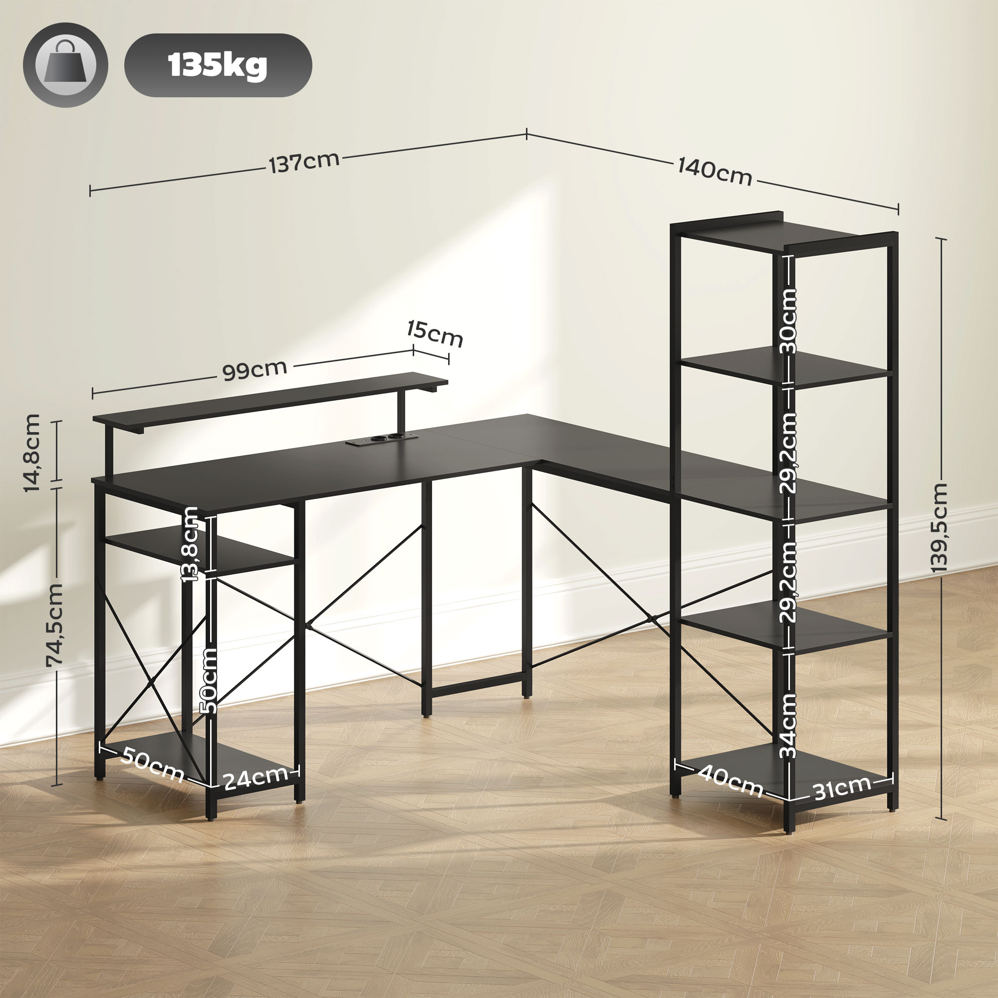 L-förmiger Schreibtisch mit Ladestation, Eck-Computertisch mit Monitorständer und Regalen, für Homeoffice, Büro, Schwarz