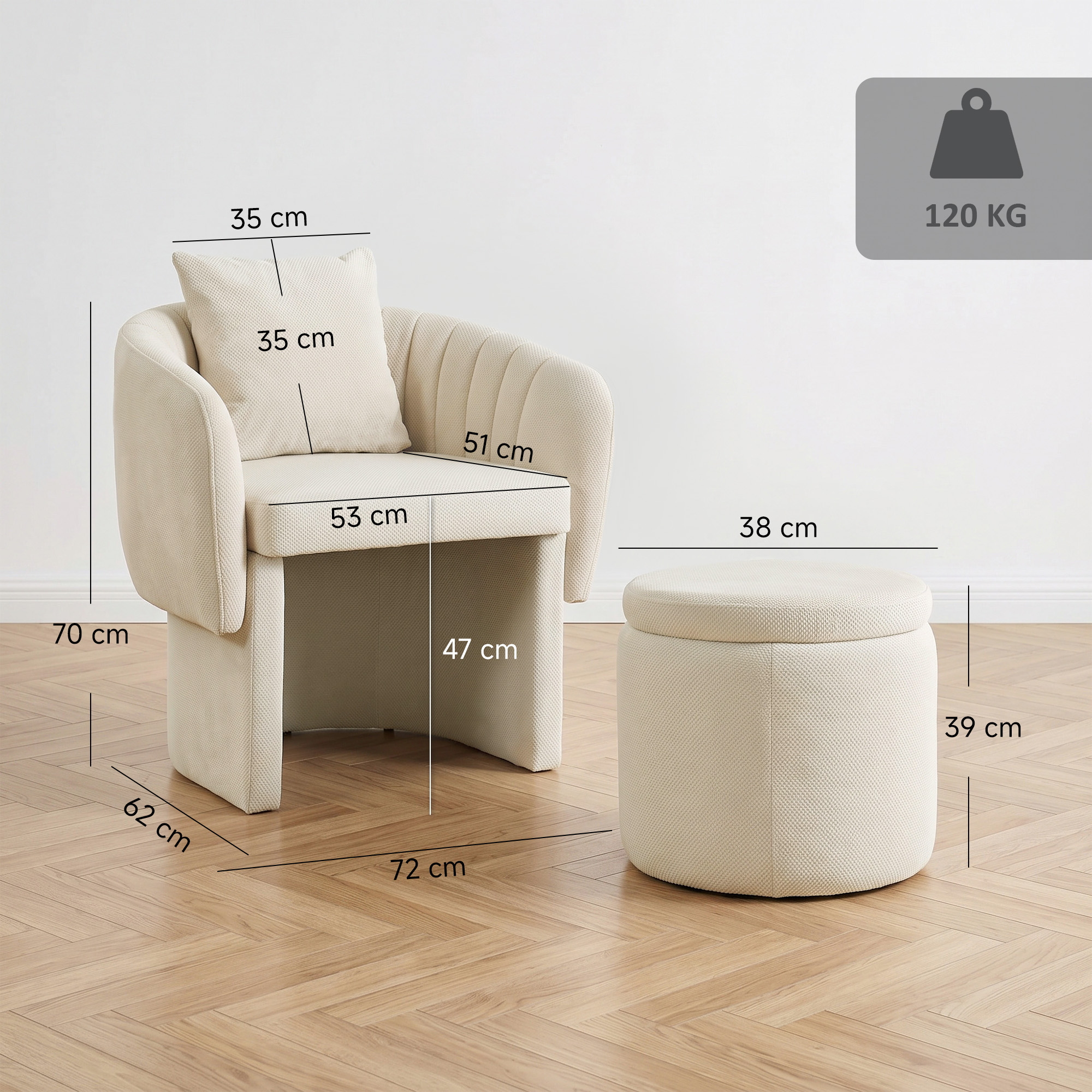 Relaxsessel mit Hocker Loungesessel mit Geschwungene Rückenlehne, Armlehnen, Nordischer Chenille Gepolstert Beige