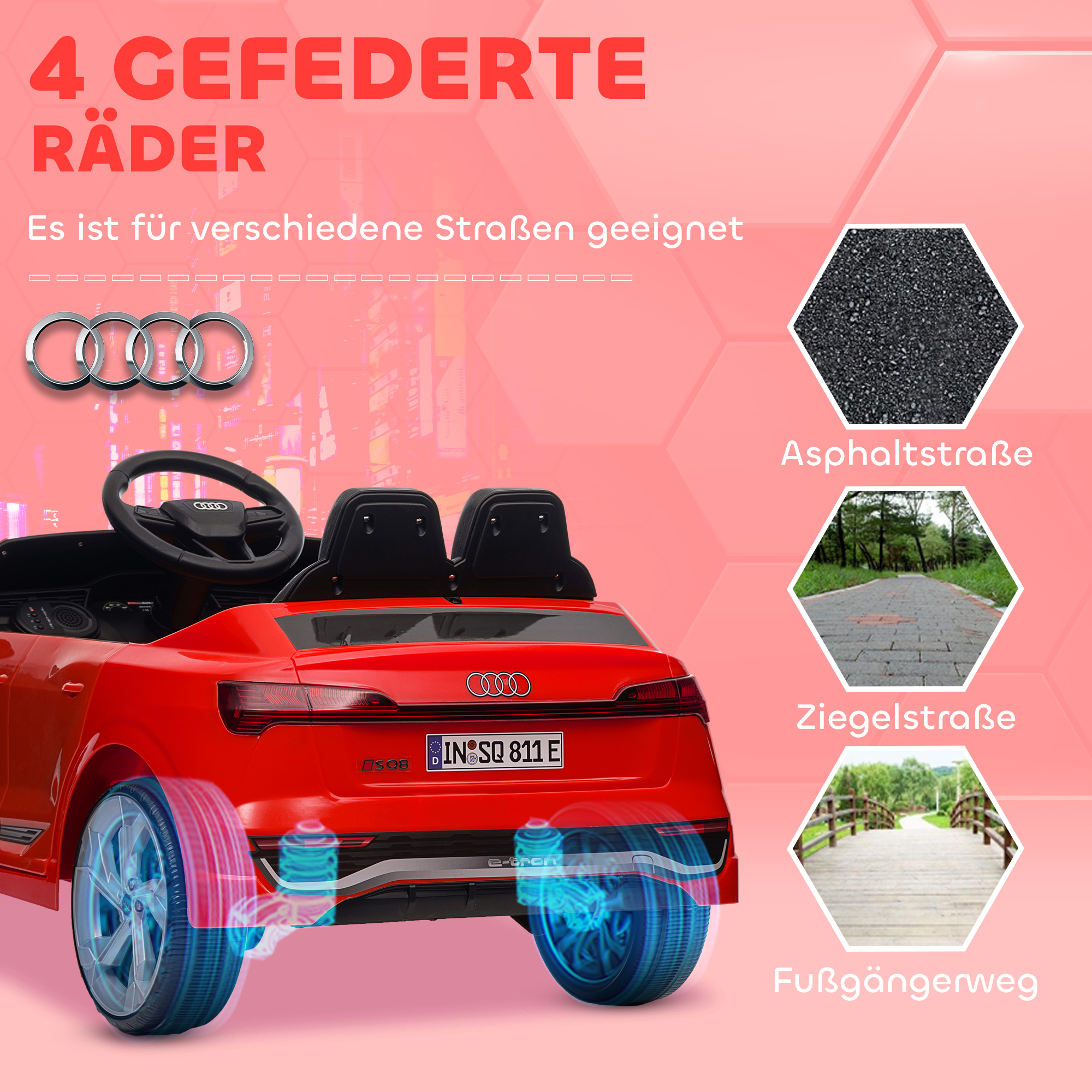Kinderfahrzeug Audi Q8, 3-5 km/h, Fernsteuerung, Scheinwerfer, Musik, rot