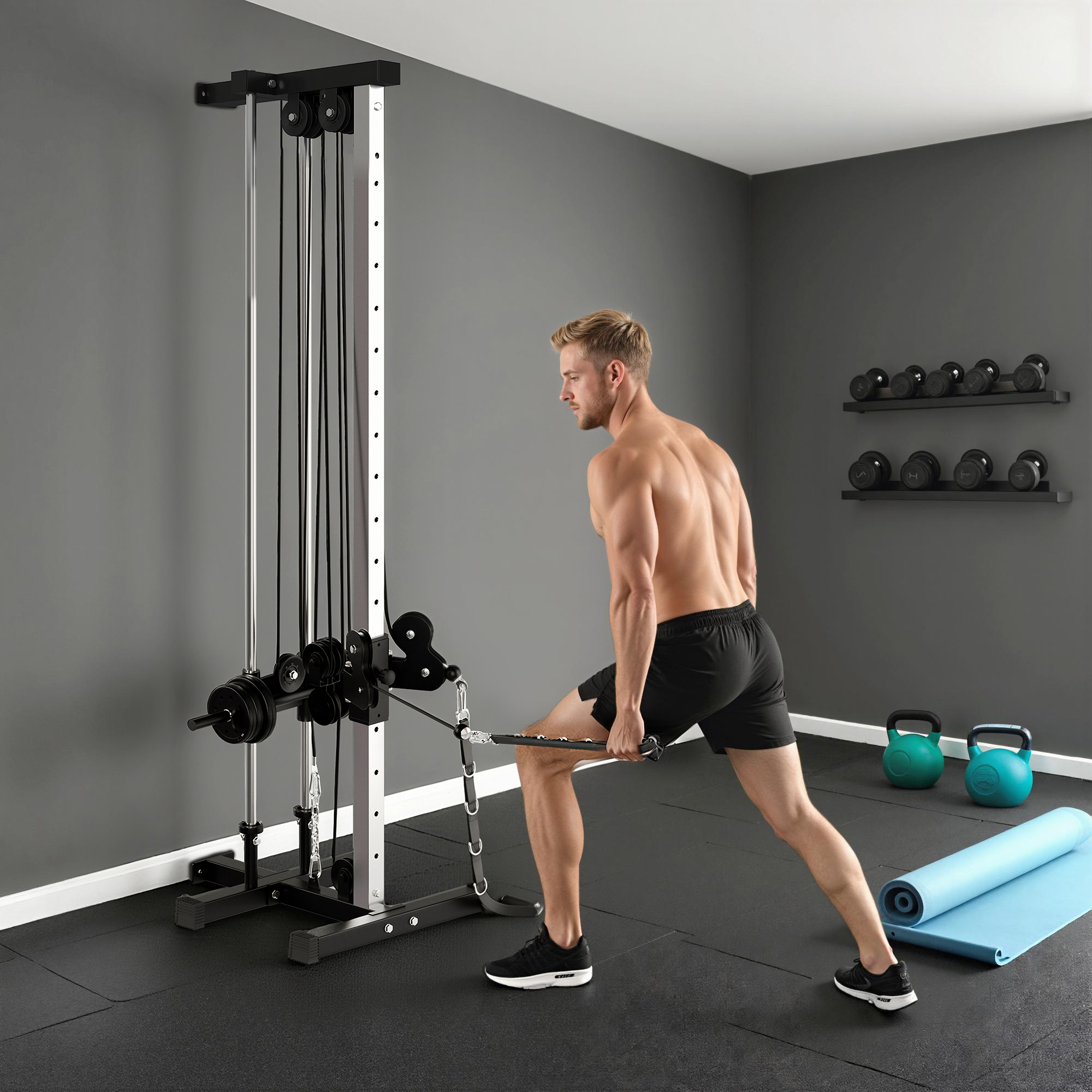 Kraftstation höhenverstellbar 25-165 cm mit Dual-Pulley-Systemen Adaptern 62 x 60 x 200 cm Schwarz