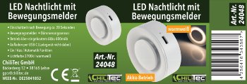 LED Nachtlicht mit Bewegungsmelder / Akku, Dämmerungssensor, 2700k