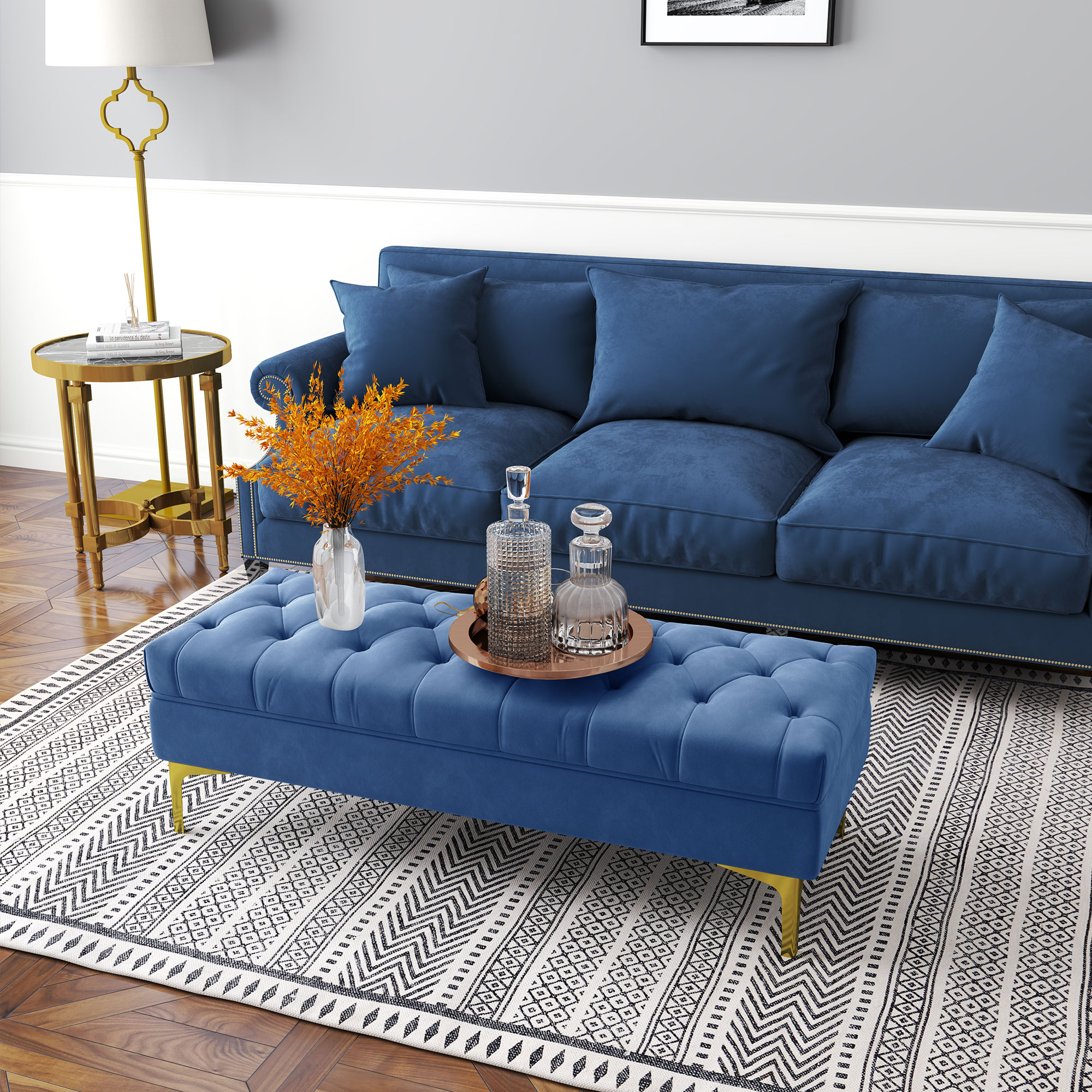 Sitzbank Bettbank Schuhbank mit erhöhten Beine Schlafzimmer Samt Blau