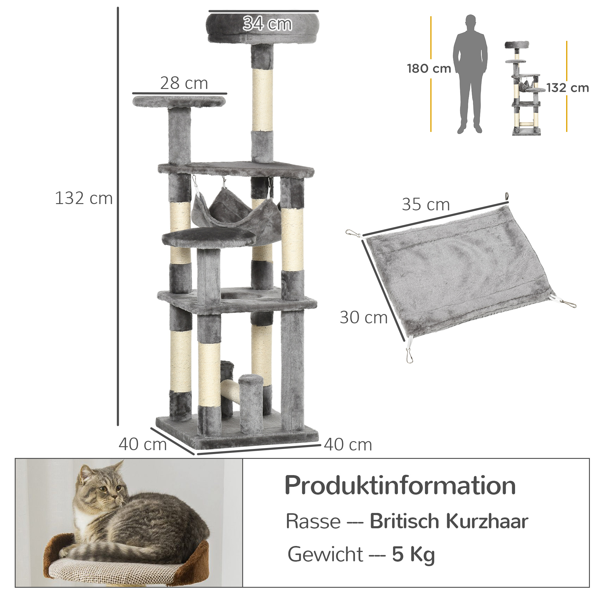 Katzenbaum Katzenkratzbaum Katzenspielturm Katzen Kletterbaum Kratzbaum Hängematte Grau L40 x B40 x H132 cm