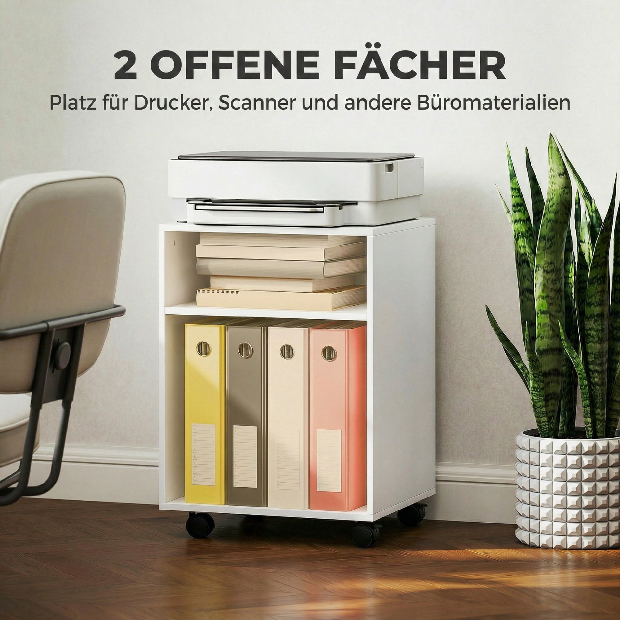 Druckerständer Druckertisch mit 2 offenem Regal feststellbaren Rollen für Büro Zuhause Fax Scanner 40 x 35 x 56 cm Weiß