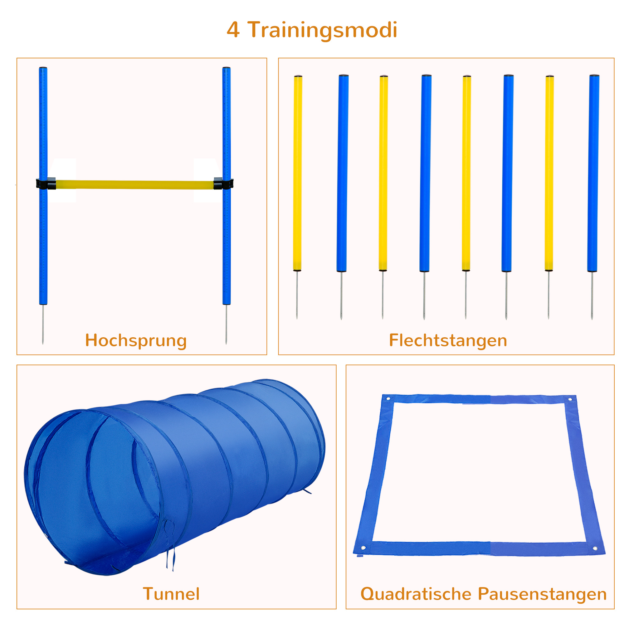 Agility Set Hunde, 4-teiliges Agility Ausrüstung mit Hundetunnel, Hürden, 8 Slalomstangen, Startfeld, Aufbewahrungstasche, Steckhürdenset für Hundetraining, Trainingsset für Hunde Gelb+Blau