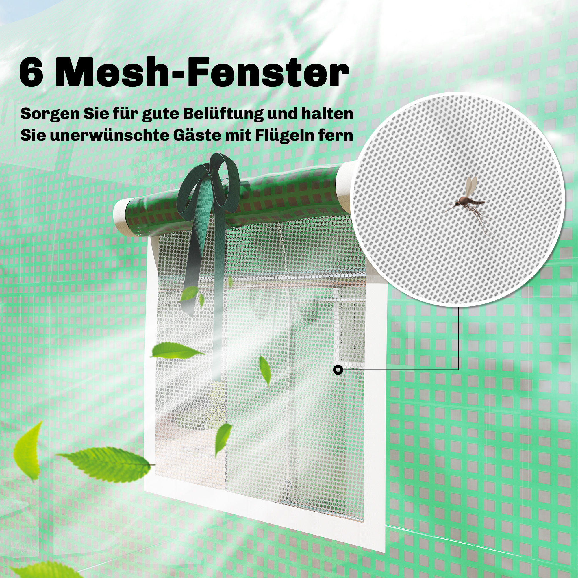 Gewächshaus 3 x 2 x 2 m Foliengewächshaus mit Rollbar 2 Reißverschlusstür & 6 Netzfenster Stützstangen Grün