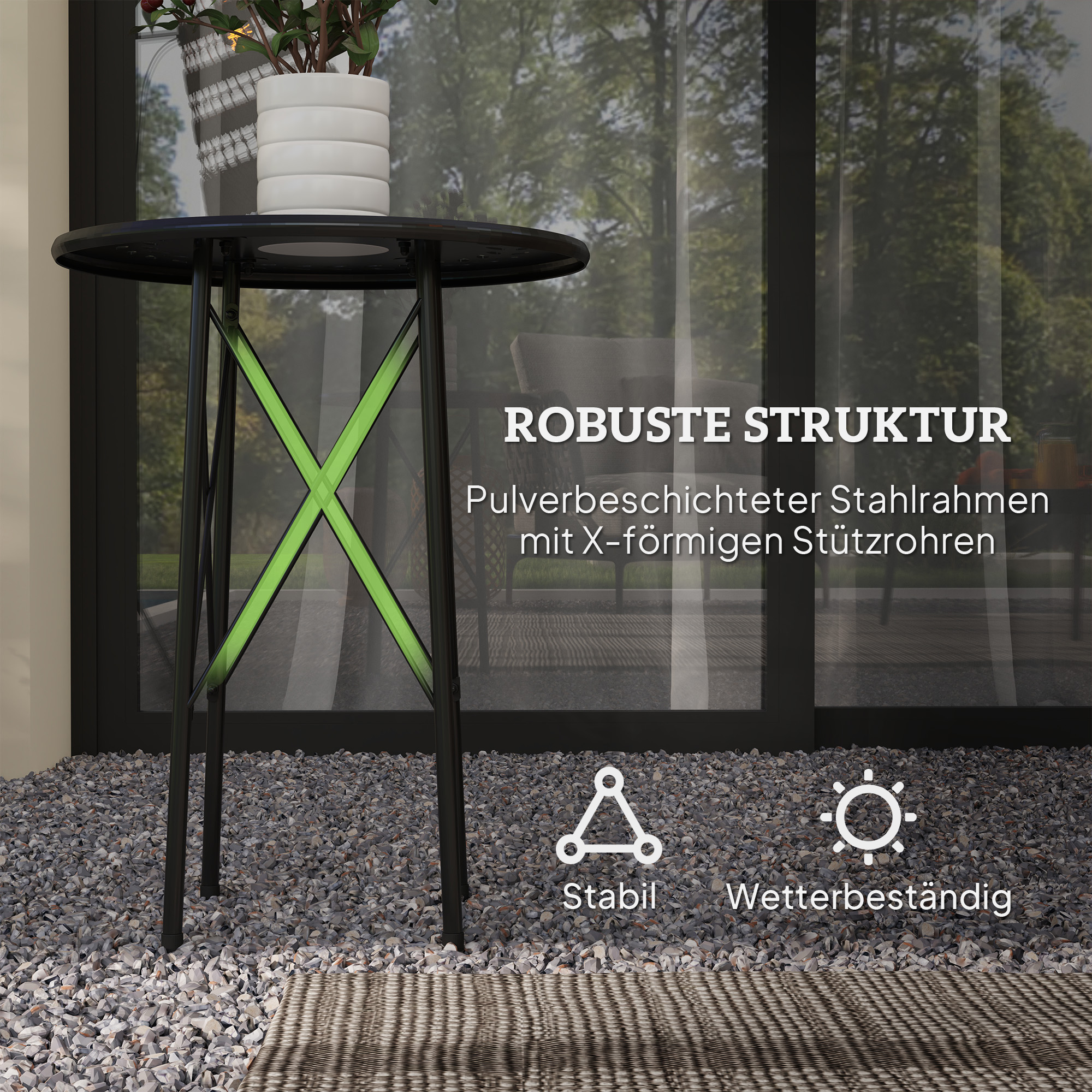Gartentisch, runder Terrassentisch mit Blumenmuster, Stahl, Bistrotisch für drinnen und draußen, Schwarz