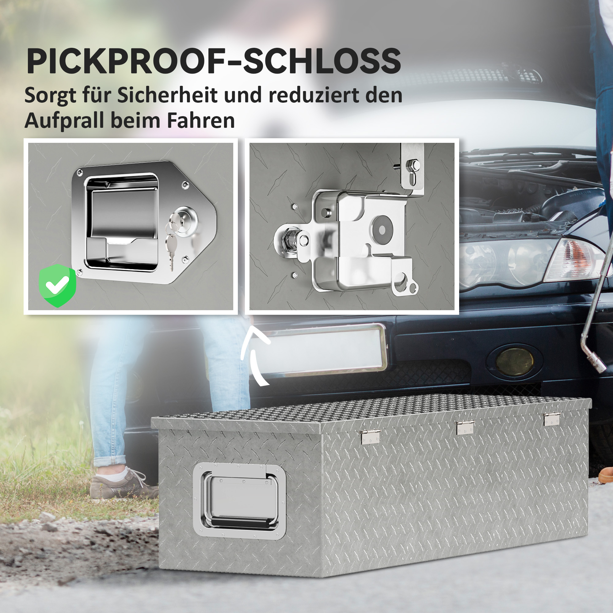 Stabile Aufbewahrungskiste aus Aluminium mit Seitengriffen, Schloss und Schlüsseln, Werkzeugkasten, 99 x 33 x 25,5 cm