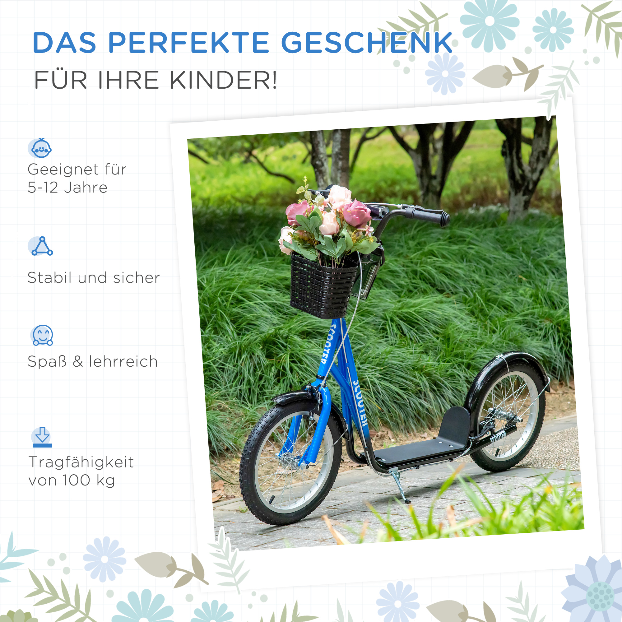 Kinderroller, Scooter mit Bremse, inkl. Korb, höhenverstellbar, für Kinder 5-12 J., blau+schwarz