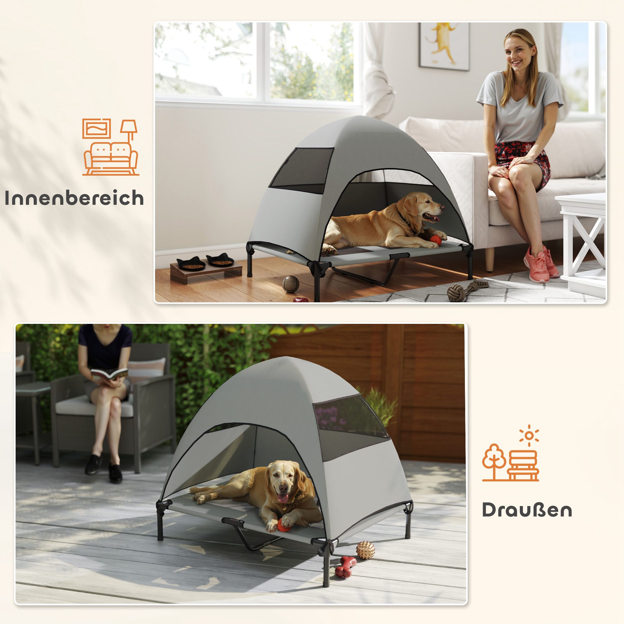 Hundeliege Outdoor mit Dach, erhöhtes Hundebett für Große Hunde, 91 x 76 x 90 cm, Hellgrau