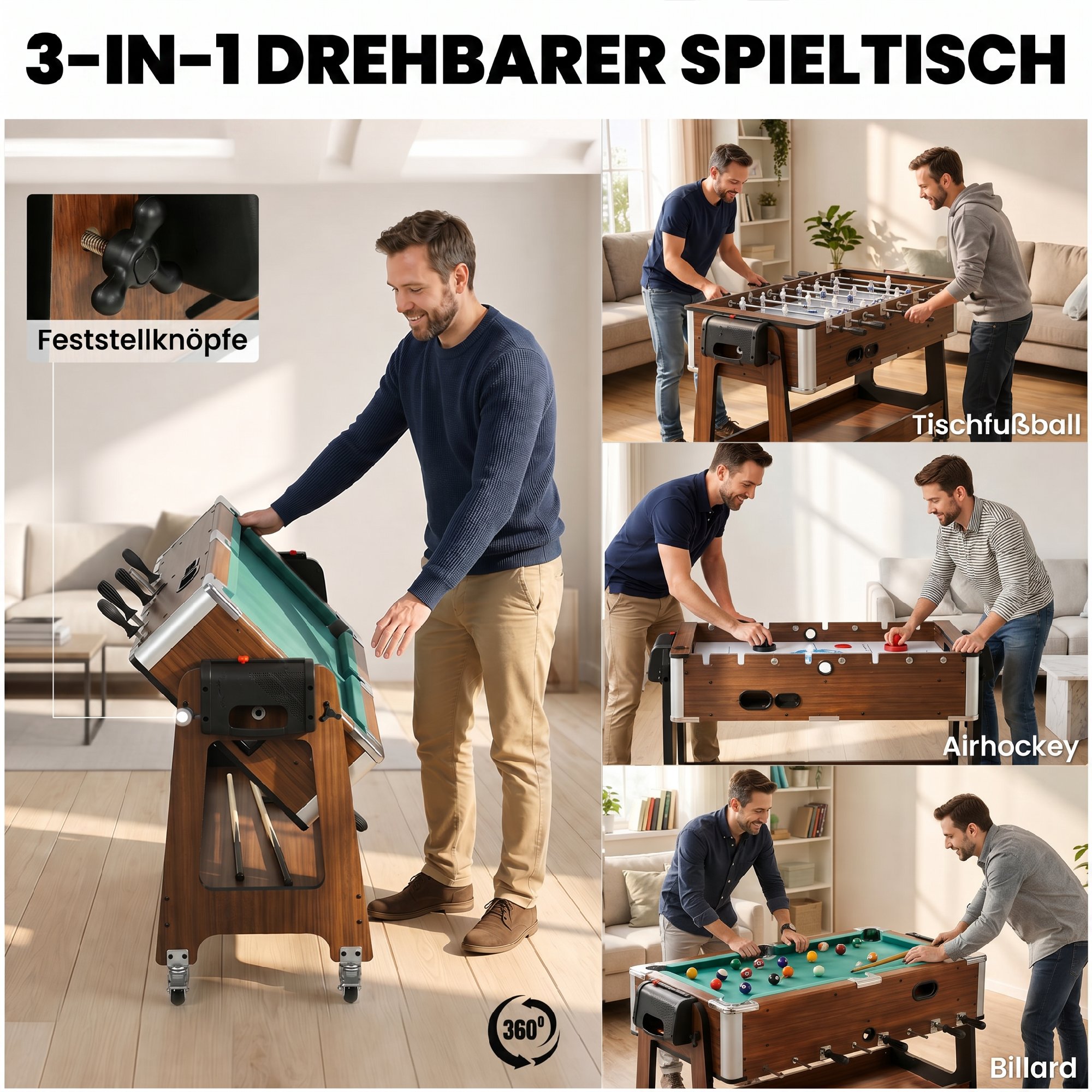 3-in-1 Multi Spieltisch drehbar Multifunktionstisch mit Billardtisch Tischfußball Airhockey Ablagefach
