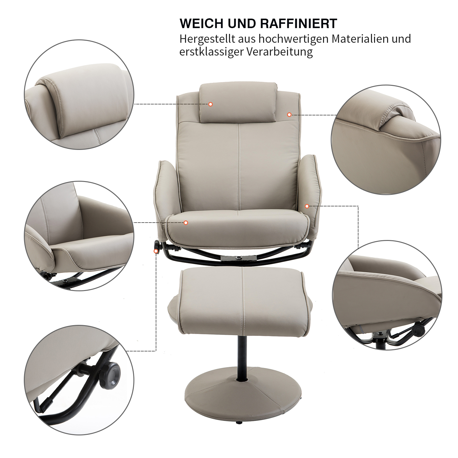 Relaxsessel mit Hocker, 360°drehbarer Fernsehsessel mit Liegefunktion, TV Sessel, Kunstleder, Lesesessel für Wohnzimmer, Schlafzimmer, Grau