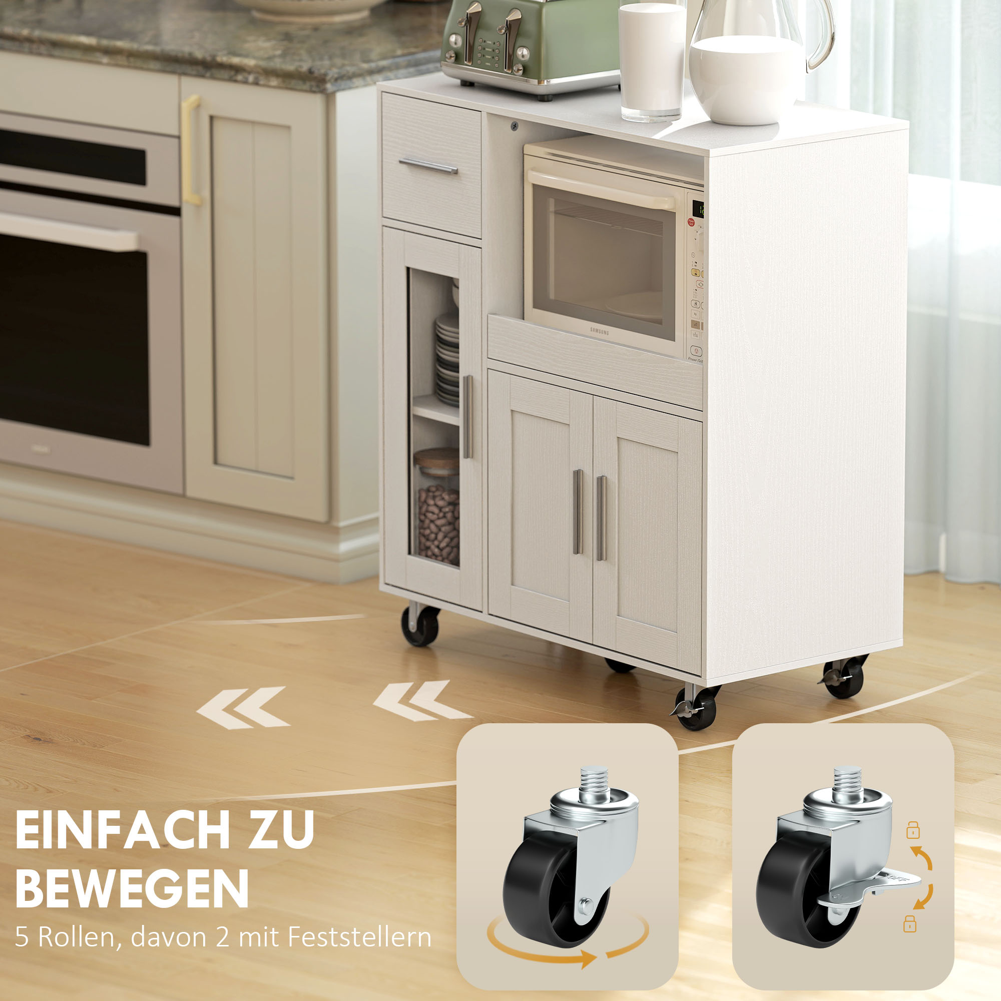 Küchenschrank auf Rädern, Mobile Küchenkommode mit Ablagen, Schubladen, verstellbarem Regal, Kabelloch, Weiß