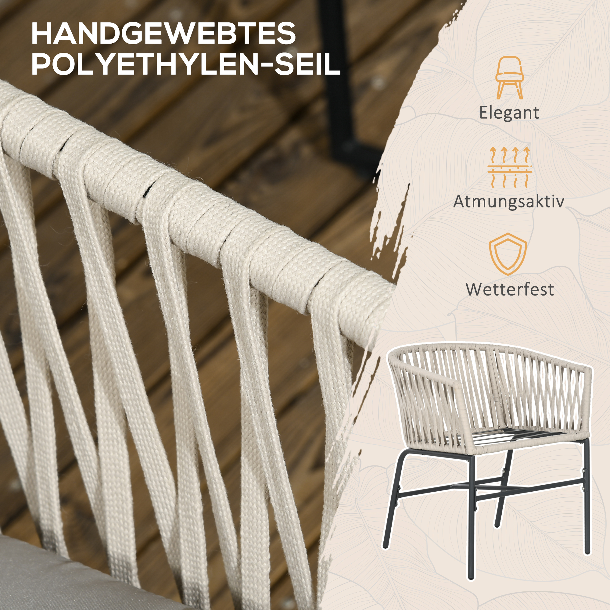 Terrassenstuhl 2er-Set, Boho-Stil, bequeme Sitzschale, Sitzauflagen, waschbarer Bezug, Metallrahmen, Beige